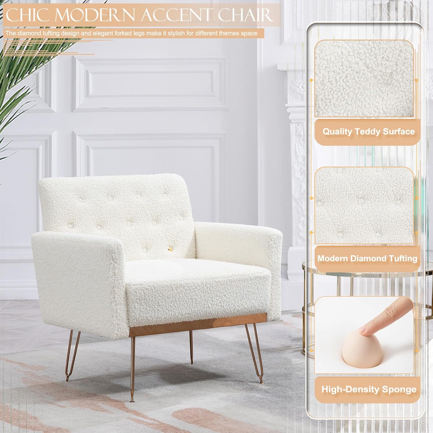 Silla decorativa moderna, sillón tapizado para ocio con delicadas patas de metal dorado, cómodo sillón para sala de estar, dormitorio, oficina, sala