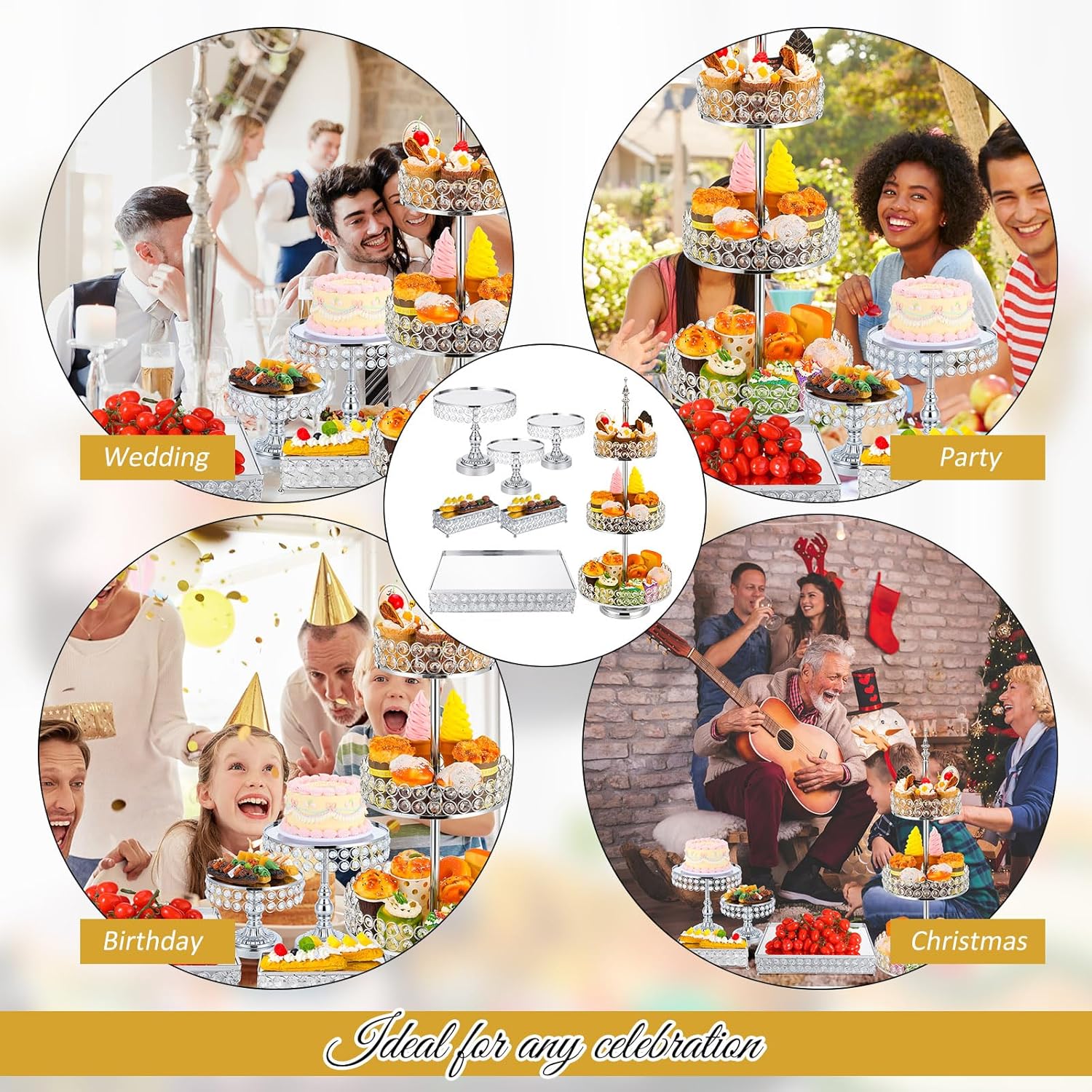 Tioncy Juego de 7 soportes para tartas con espejo de cuentas de cristal, soportes de mesa de postres de metal para mesa de postres y cupcakes para