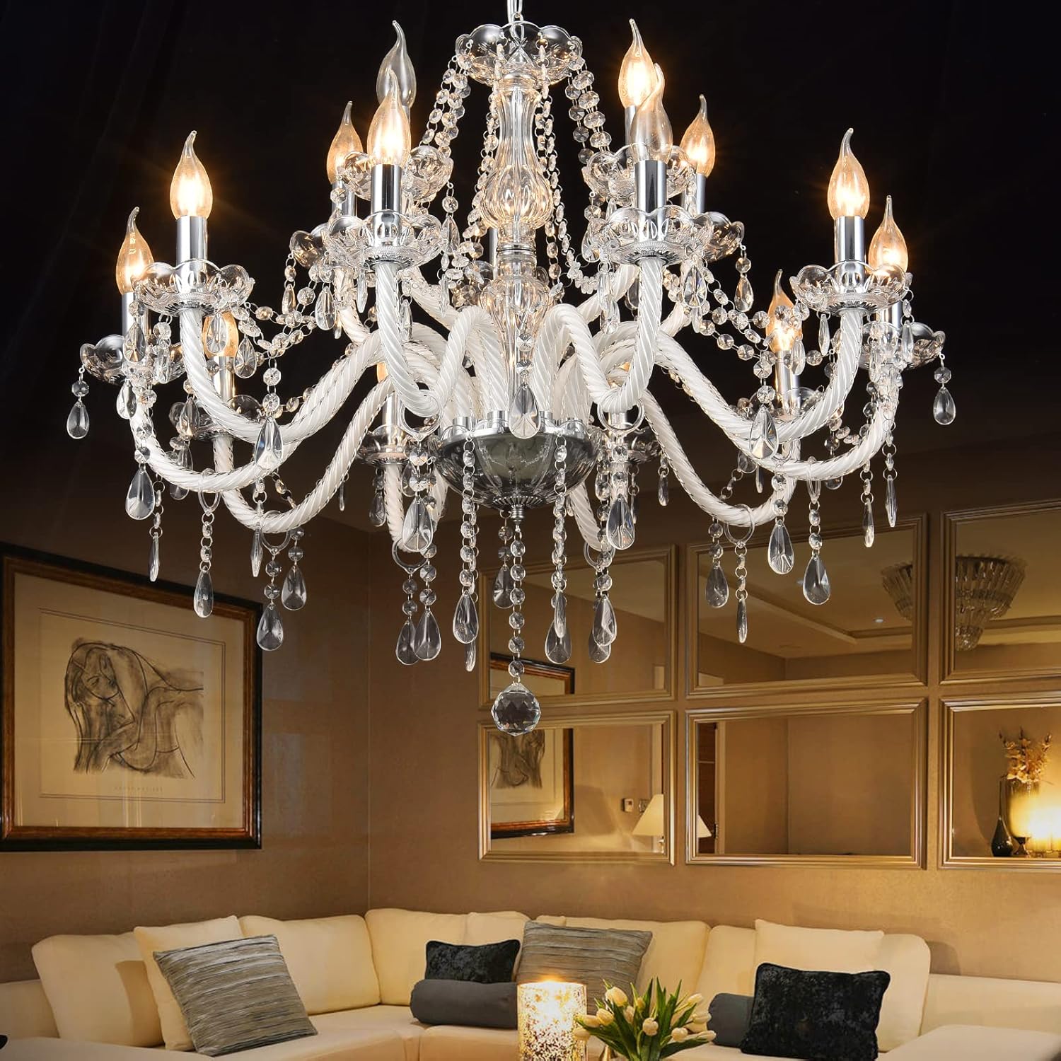 Panghuhu88 Candelabro de cristal de 15 luces transparentes K9 de lujo, lámpara de techo colgante de cristal para comedor, sala de estar, dormitorio
