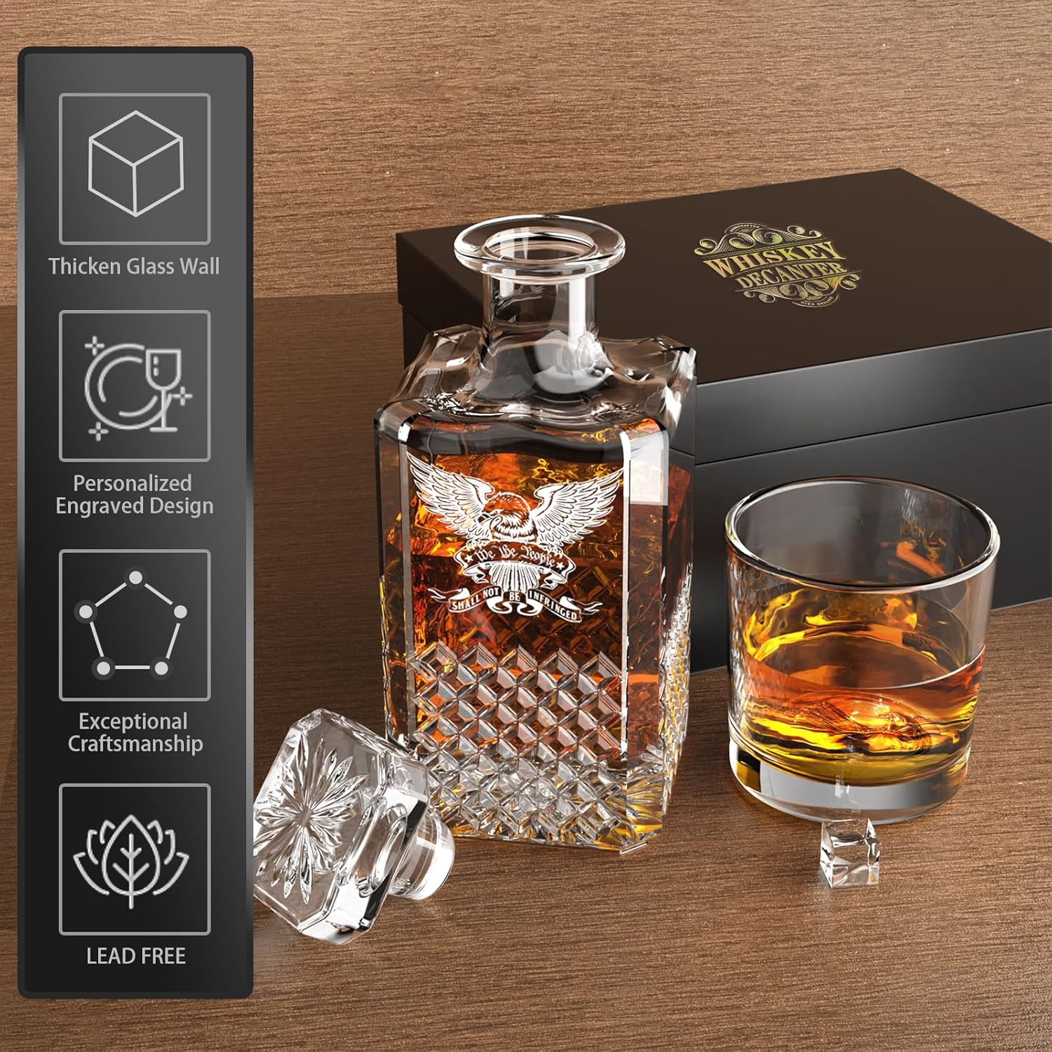 FURSARCAR Decantador de whisky grabado con texto en inglés We The People, juego de decantador de whisky con 2 vasos para licor, whisky escocés,