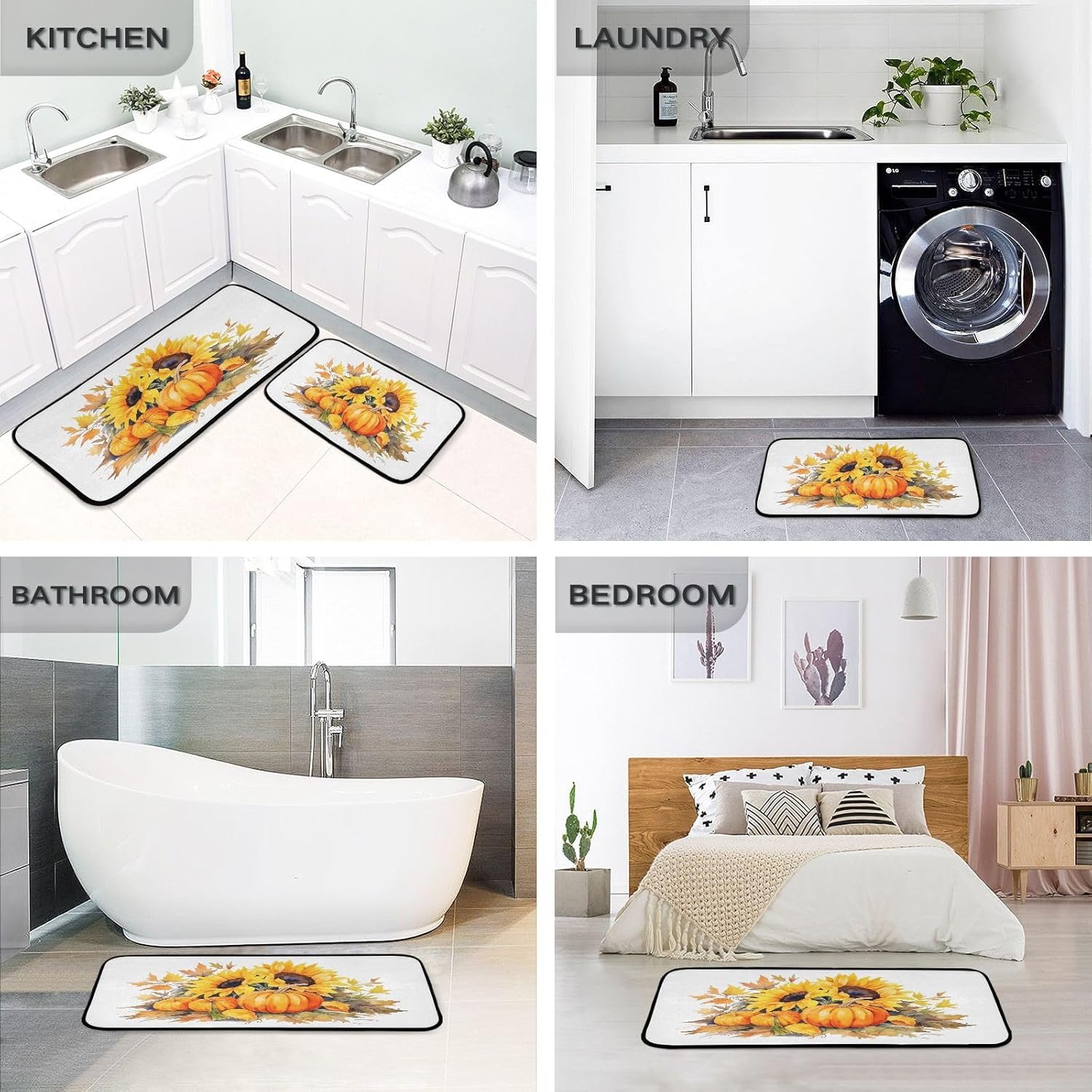Exnundod Juego de 2 alfombras de cocina de otoño con diseño de girasoles de calabaza, girasoles, alfombra de corredor, lavable, antideslizante,