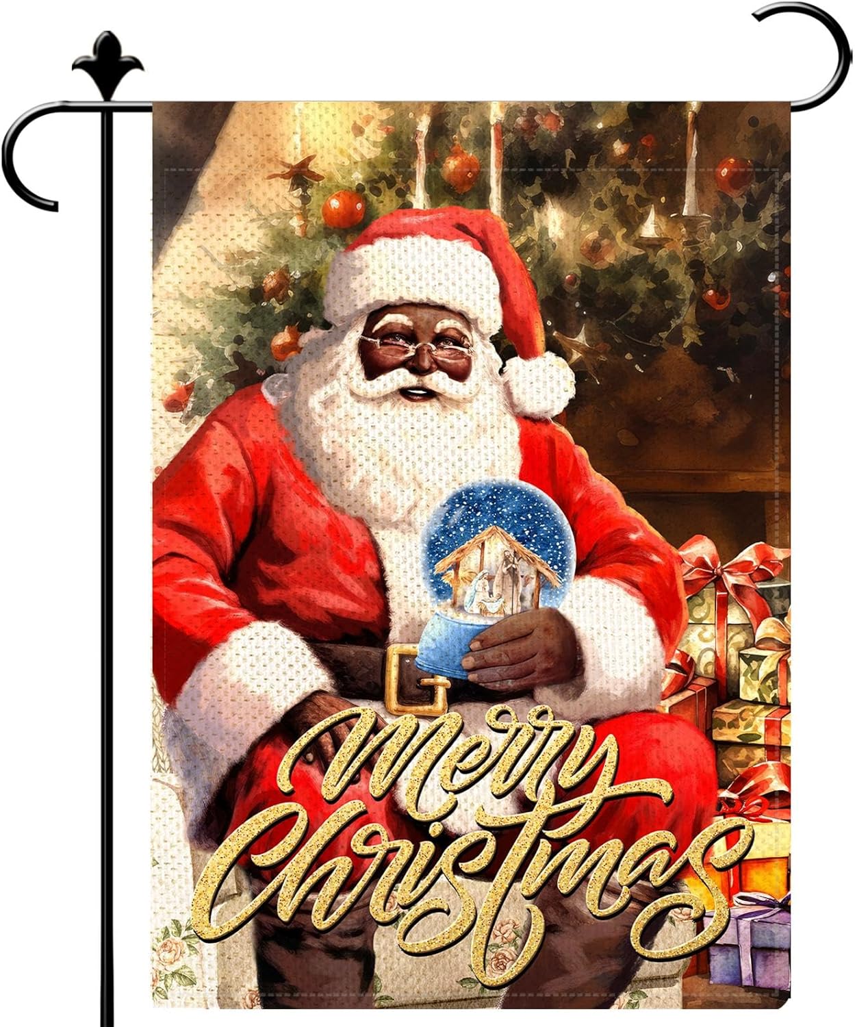 PIPISASA Decoraciones navideñas de Papá Noel negro, bandera de jardín de Feliz Navidad, 12 x 18 pulgadas, decoración de Navidad afroamericana,