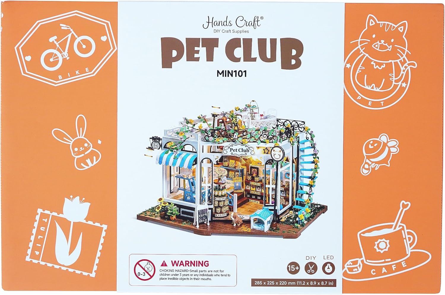 Hands Craft Kit de casa de muñecas en miniatura de bricolaje  Pet Club Store Modelo 3D Edificio de casa pequeña con luces LED, piezas de