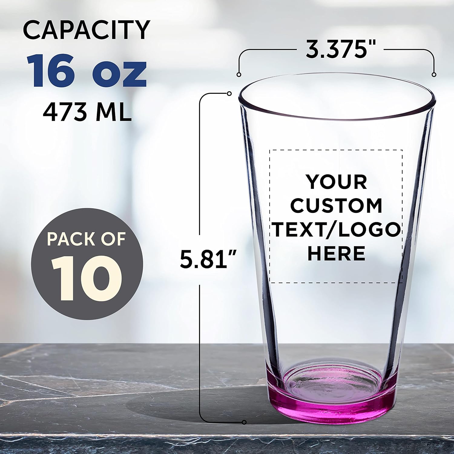 DISCOUNT PROMOS Juego de 10 vasos de cerveza personalizados de 16 onzas, paquete a granel personalizado, cristalería resistente para restaurantes,
