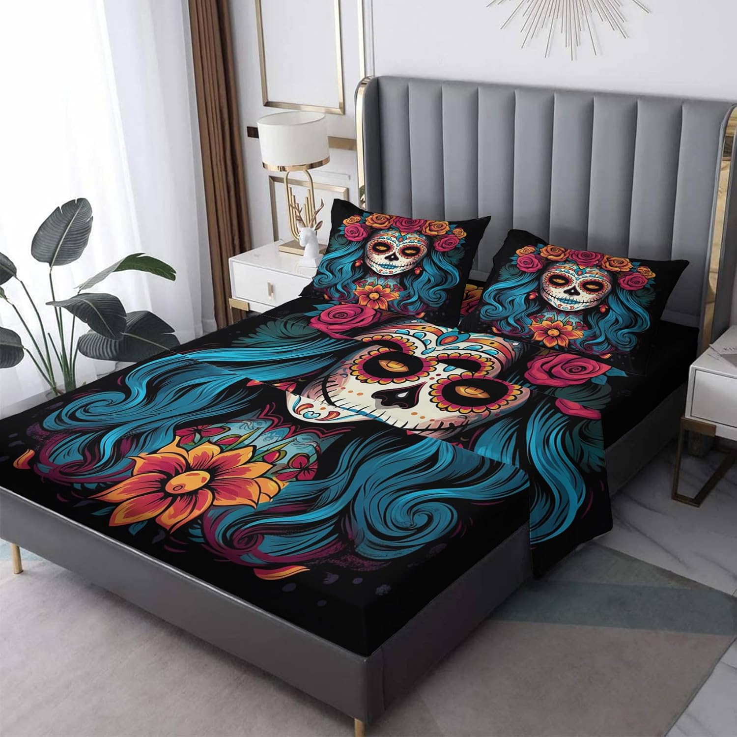 Day of The Dead – Juego de sábanas de 4 piezas con diseño de esqueleto mexicano, sábanas y fundas de almohada estampadas, sábana bajera ajustable de