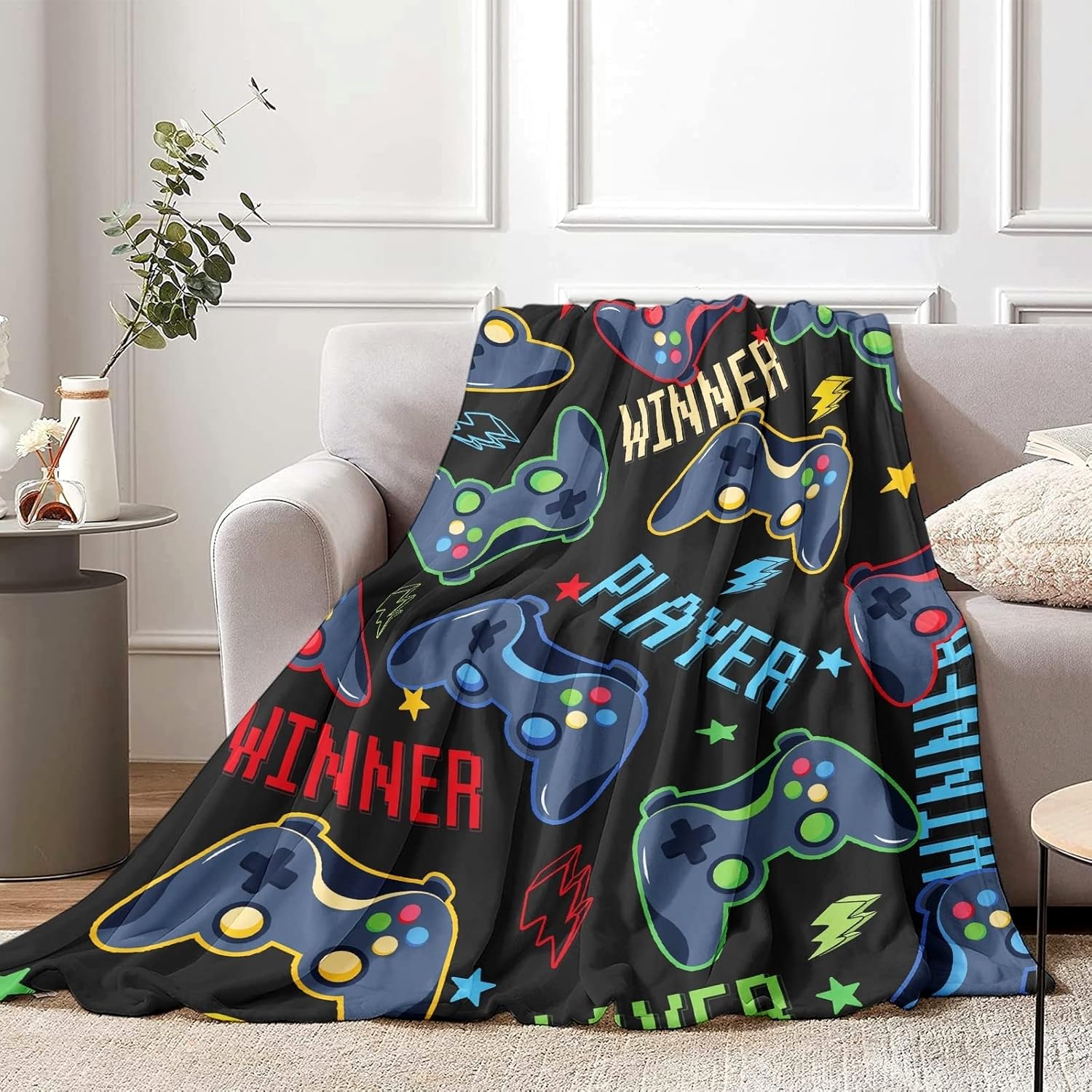 Manta de juegos para hombres, 60 x 80 pulgadas, acogedora manta mullida de videojuegos para niños, manta de franela negra suave con estrella para