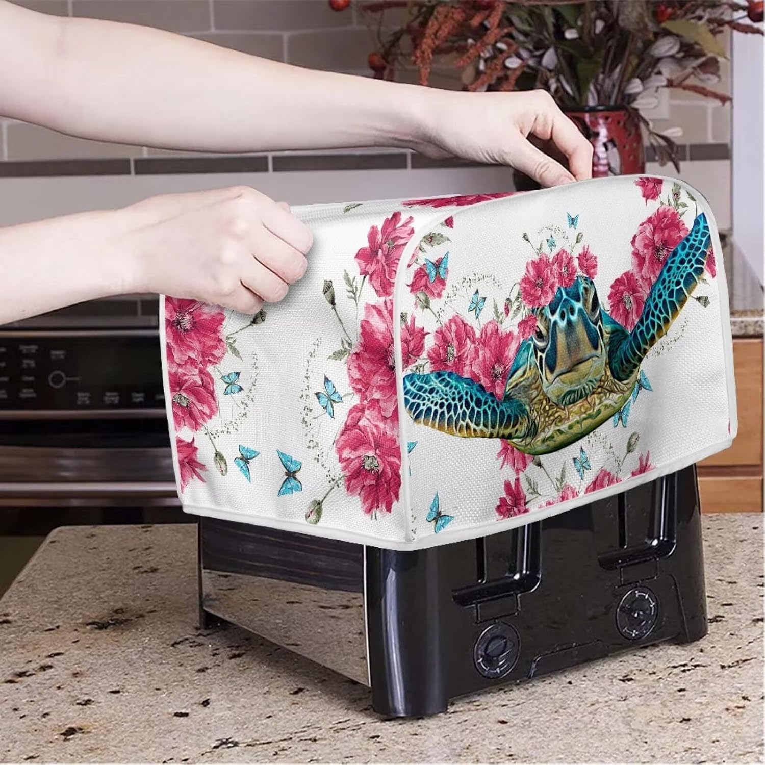Cubierta de tostadora con patrón de flores de tortuga marina, 2 rebanadas, cubierta de electrodoméstico pequeño para cocina, cubierta de horno