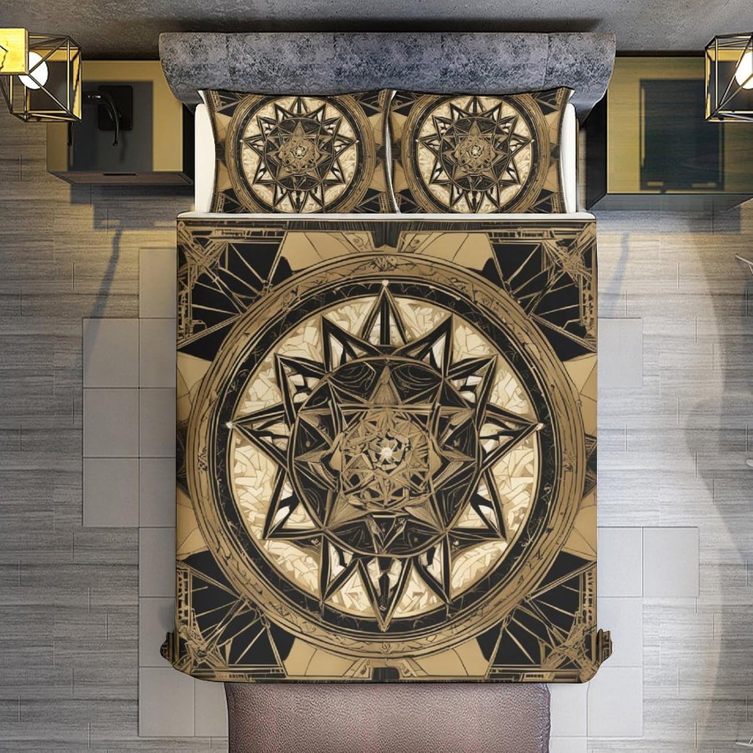 ZGDPBYF Juego de colcha de tamaño Queen, diseño de estrellas de cinco puntas, color negro y dorado, diseño geométrico bohemio para todas las