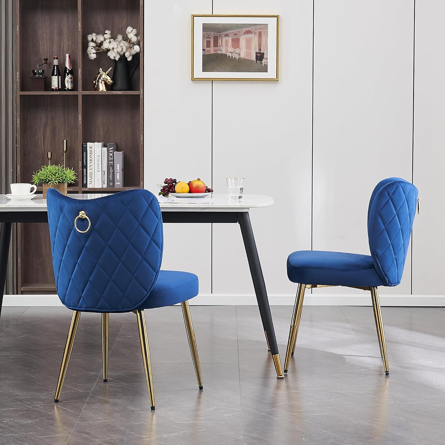 RHYNZEE Sillas de terciopelo sin brazos para sala de estar, comedor con patas de metal dorado, silla auxiliar tapizada moderna de mediados de siglo