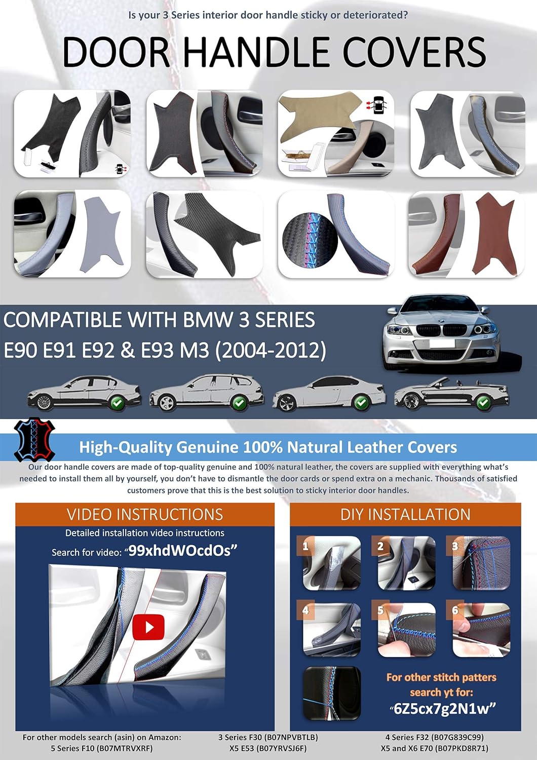 3 Series M Performance Interior Parts – Funda de cuero para manijas de puerta interior – Funda de repuesto original para manija de puerta del