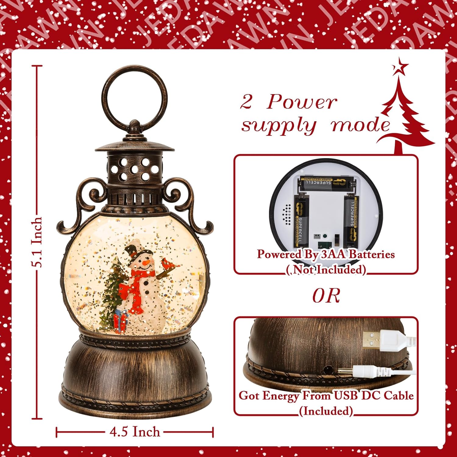 Globos de nieve de Navidad, caja de música de Navidad brillante, árbol de Navidad con 8 canciones, funciona con USB y funciona con pilas, faroles de