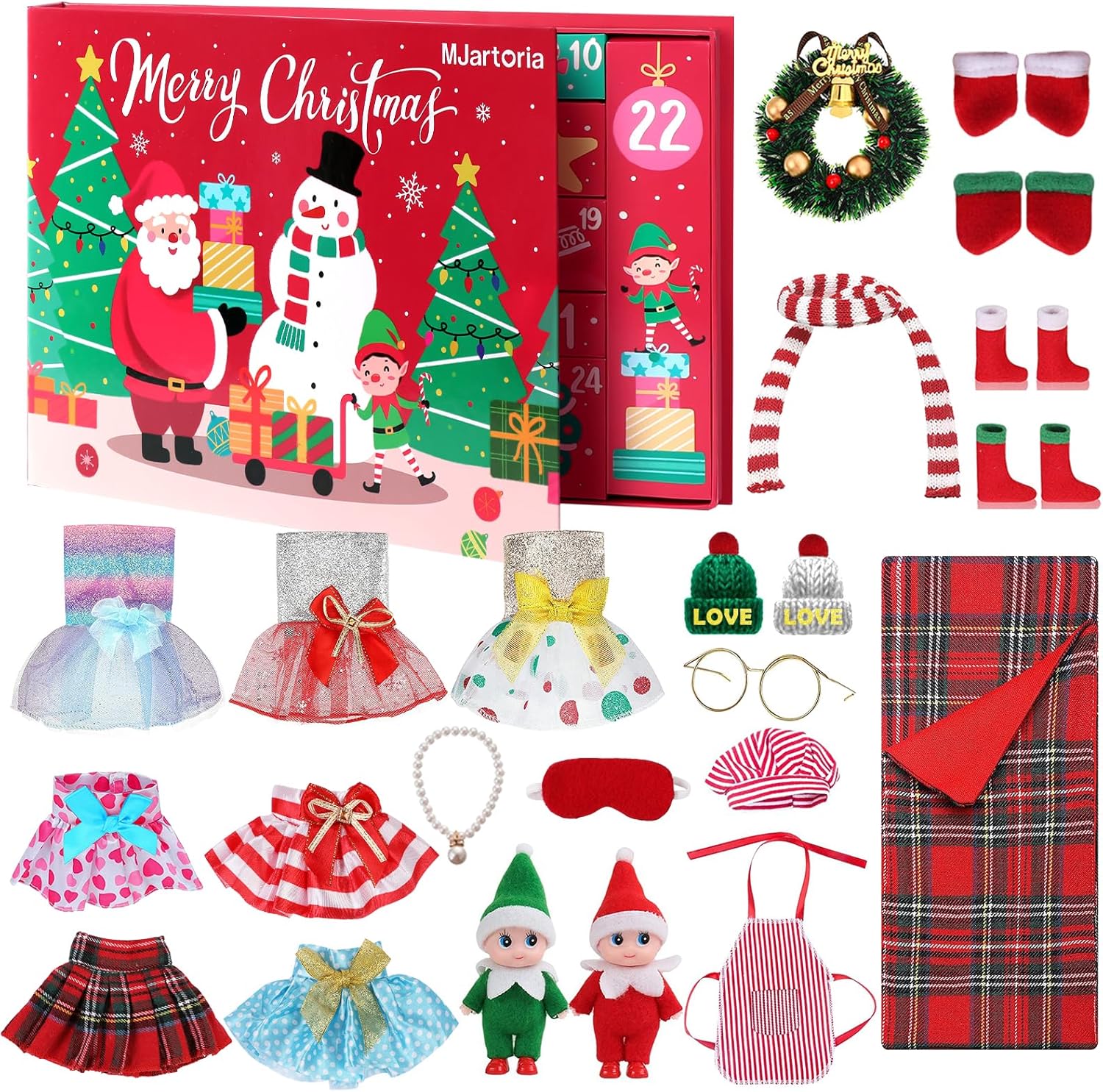 MJartoria Calendario de Adviento 2024 para niñas y niños, accesorios de Navidad para muñeca de elfo, ropa de Papá Noel, calendario de Adviento de 24