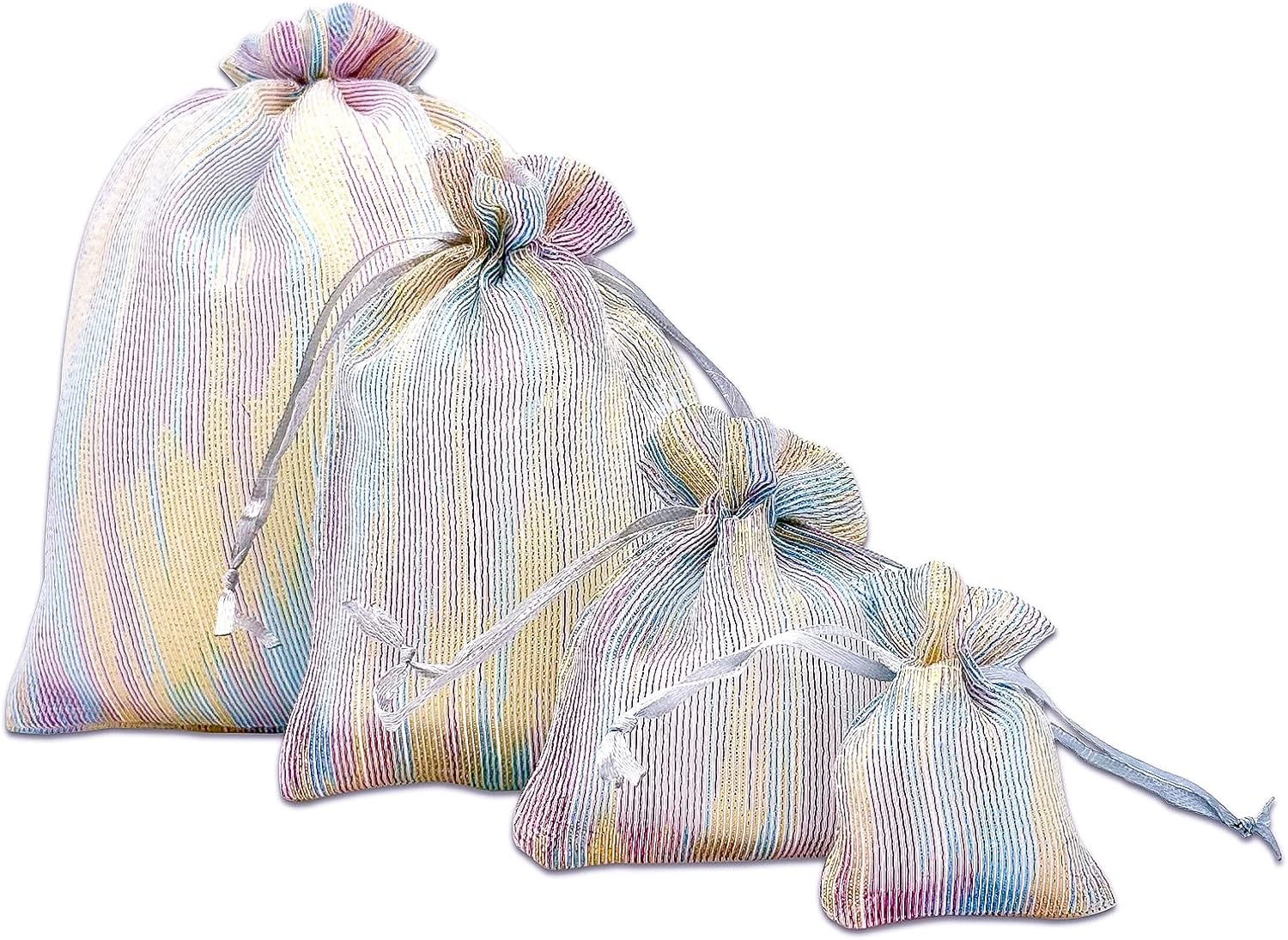 TheDisplayGuys – Paquete de 24 bolsas de regalo de organza de tejido a rayas con cordones, tamaño mediano de 5 x 6 pulgadas, iridiscente, para