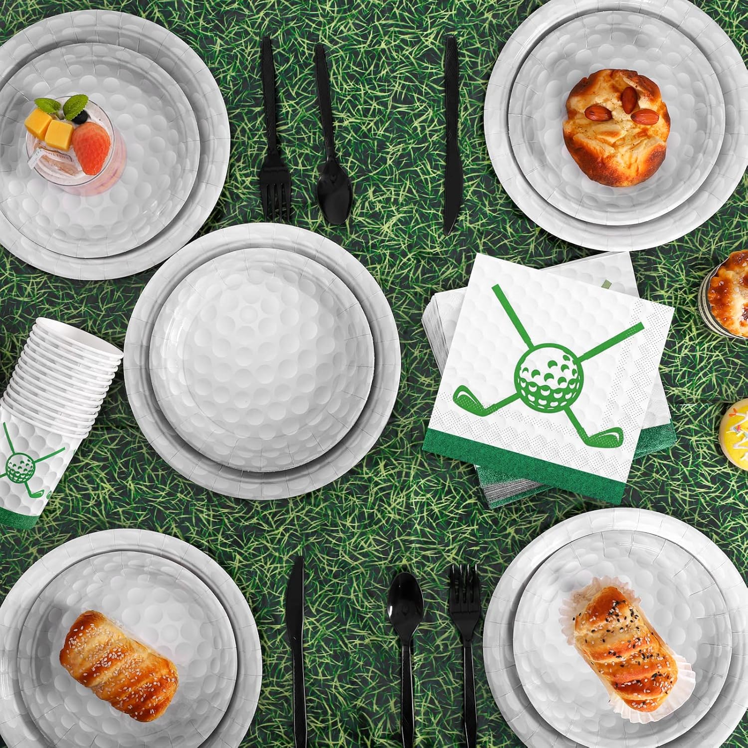 durony 169 piezas de suministros de fiesta de golf incluyen 48 platos de postre de golf, 24 tazas de papel de golf, césped verde, mantel de