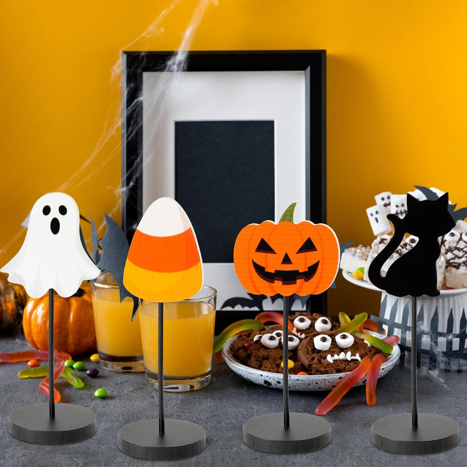 WATINC 4 piezas de decoración de mesa de madera de Halloween, gato negro, fantasma, calabaza, caramelo, maíz, bandeja escalonada de madera,