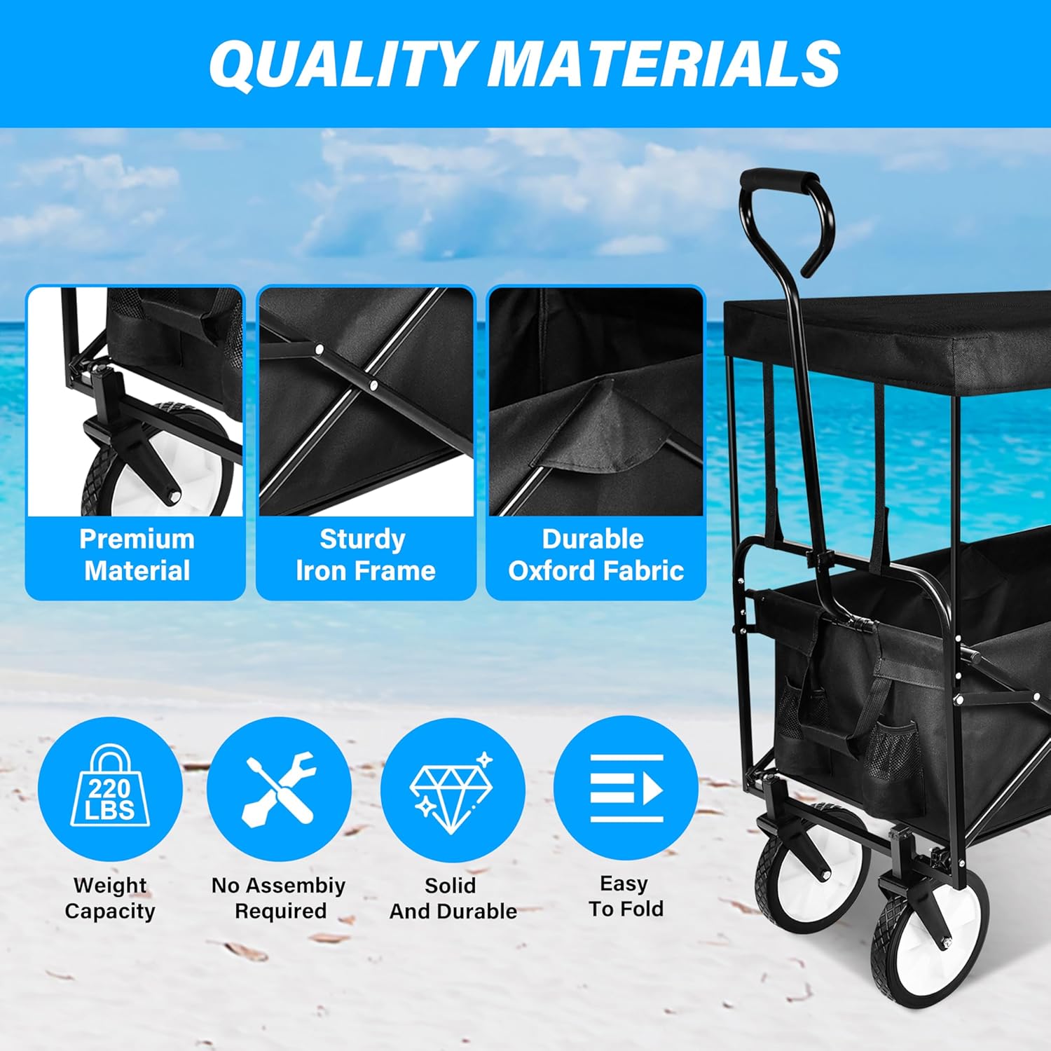 YSSOA Carrito de mano portátil plegable resistente con toldo extraíble, ruedas de 8 pulgadas, asas ajustables y doble tela para compras, picnic,