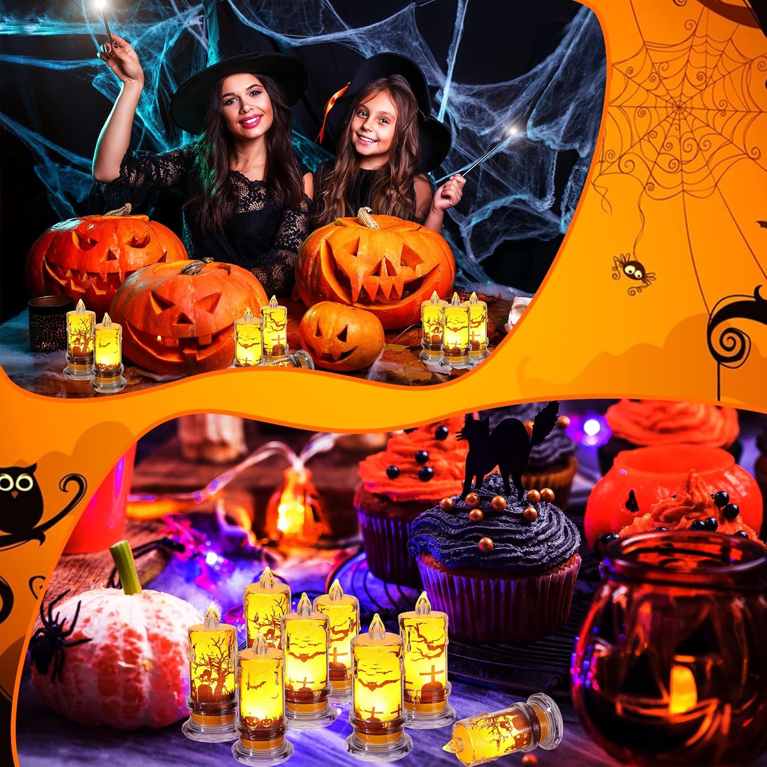 LOYIM 12 velas de Halloween sin llama que funcionan con pilas, velas LED 3D de luz cálida, velas de pilar de cristal con piedra sepulcral y gato