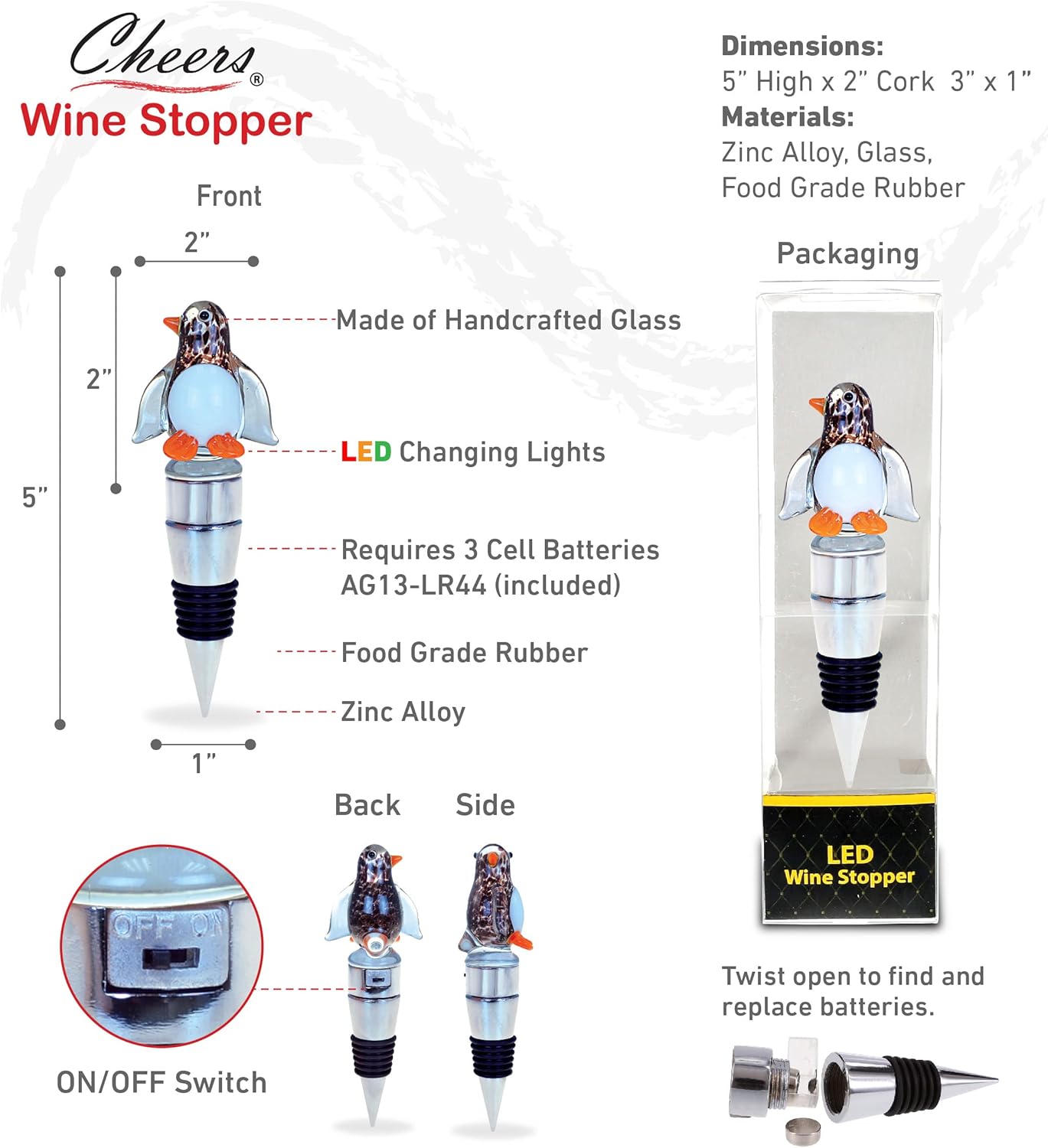Cheers – Tapón de vino de cristal de pingüino con luces LED cambiantes, elegante tapón de botella de vino multicolor con luces LED multicolor,