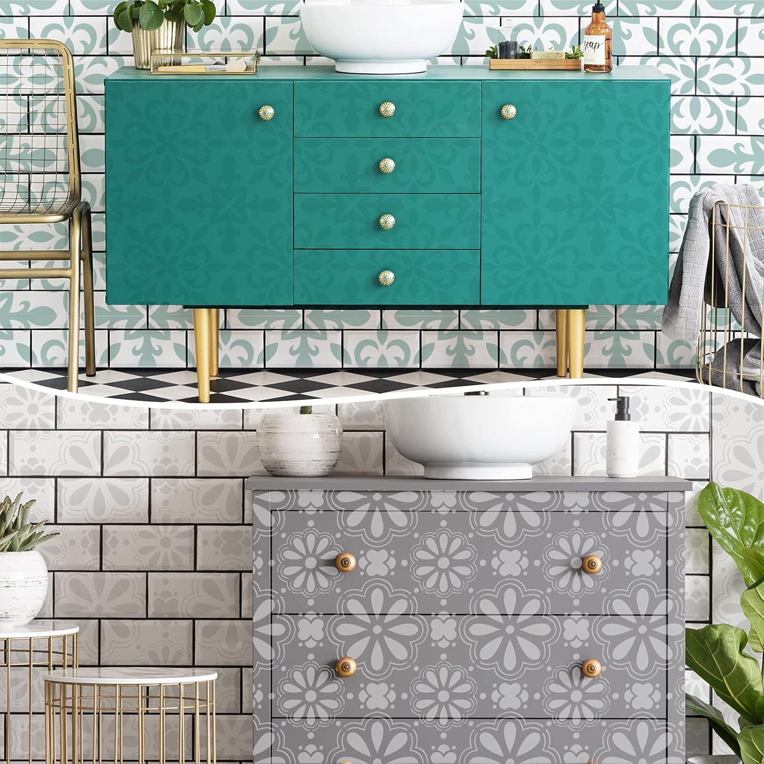 9 plantillas de pintura de piso, plantillas de azulejos grandes, plantillas de dibujo de pared, kit de plantillas de piso en 9 estilos para pintar