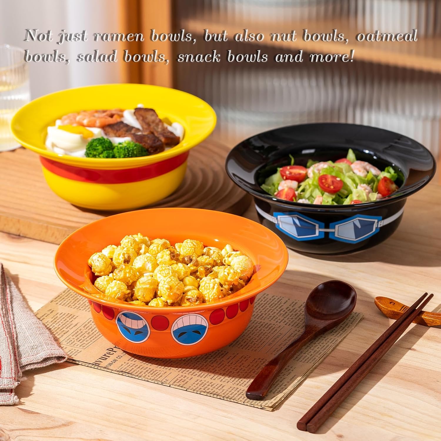 Cuenco de ramen con sombrero de paja (cuenco de cerámica + cuchara de madera + palillos) para los fanáticos del anime