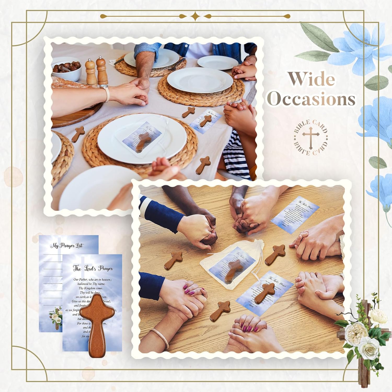 Kigley Juego de 60 mini cruces de madera a granel, 60 cruces de mano de bolsillo pequeño, 60 tarjetas de oración, 60 bolsas para Navidad, iglesia