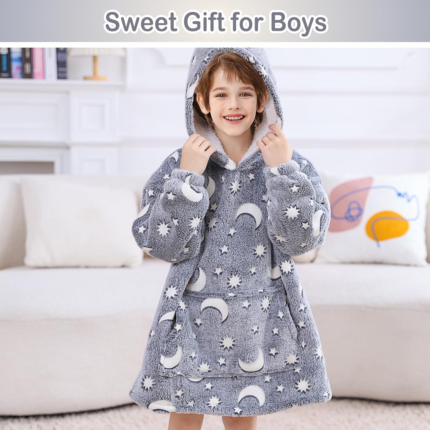 Blanket Hoodie, Sherpa Fleece Wearable Blanket for Kids, Plush Flannel Hooded Blanket, Sweatshirt Gift with Giant Pocket