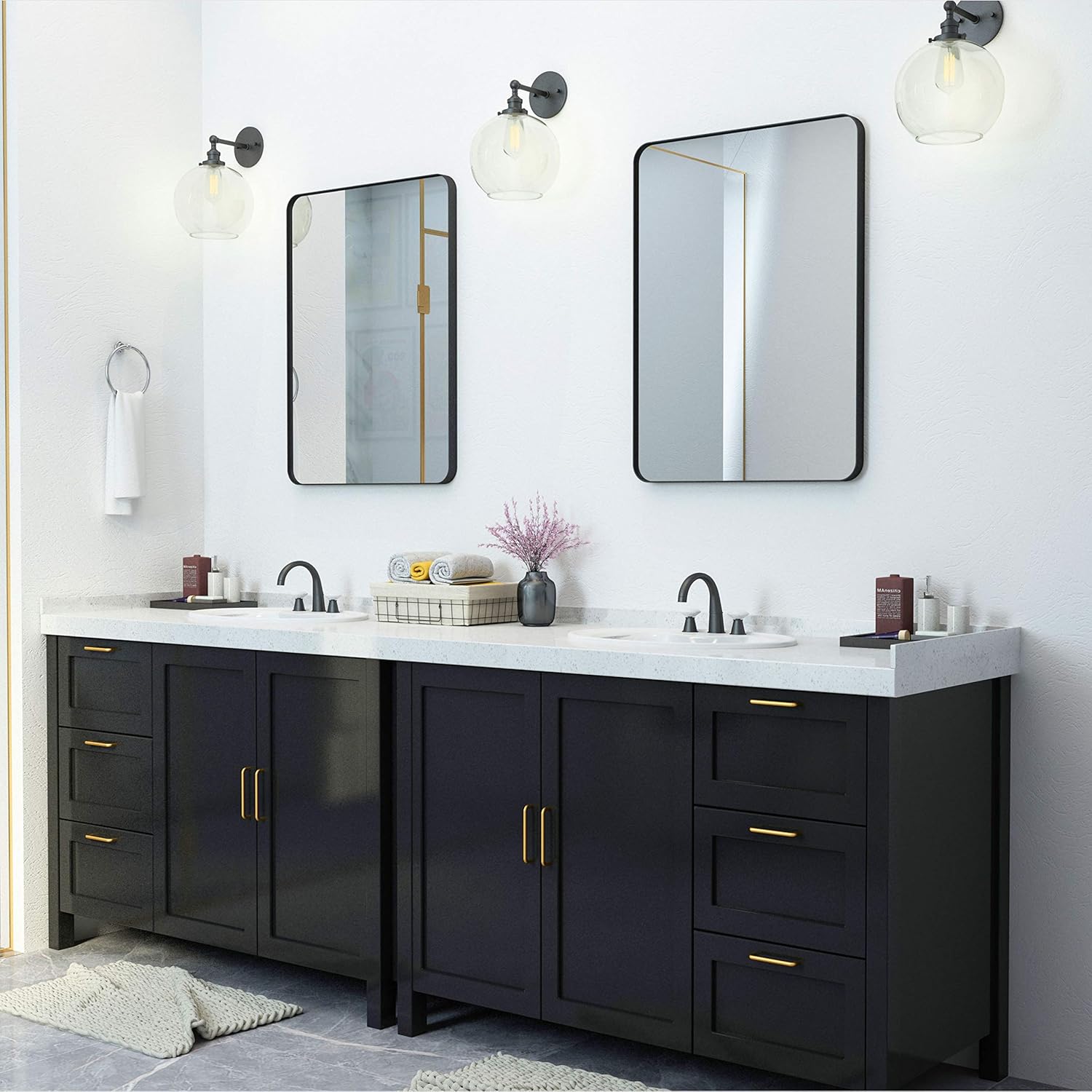 Espejo de pared para baño, espejo de esquina redondeada, marco de metal negro, 22 x 30 pulgadas, se cuelga horizontal o vertical