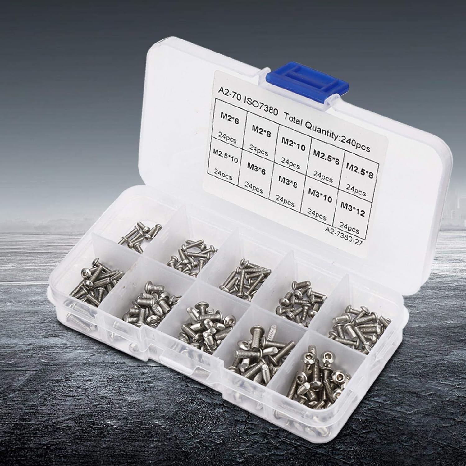 Juego de 240 tornillos hexagonales M2x6 M2x8 M2x10 M3x6 M3x8 M3x10 M3x12 M2.5×6 M2.5×8 M2.5×10 Juego de tuercas hexagonales de acero inoxidable con