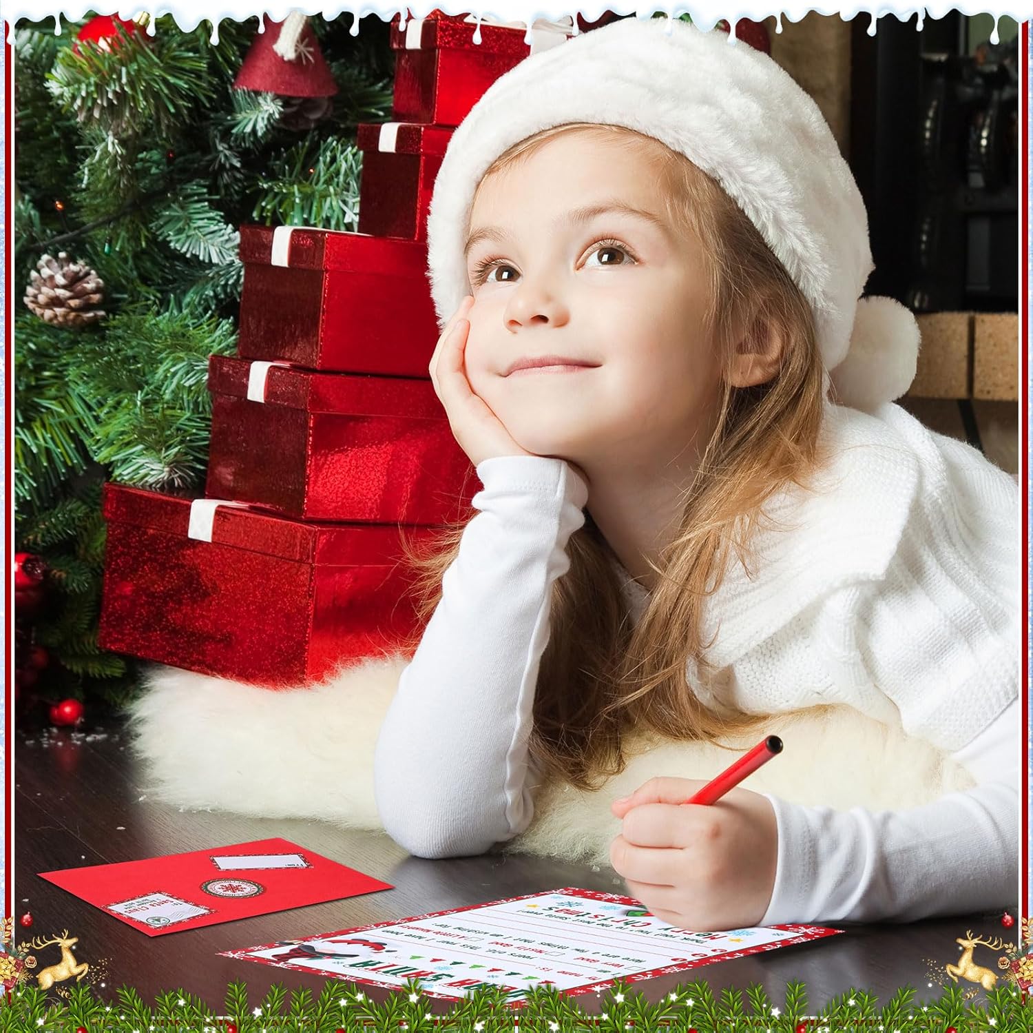 Juego de 75 cartas a Santa para escribir listas de deseos de Navidad, juego de 15 tarjetas navideñas con sobres rojos y calcomanías, regalo de
