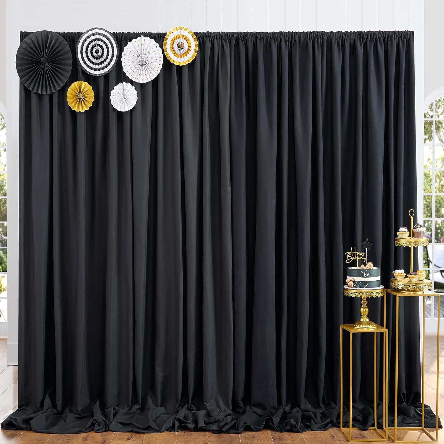 Paneles de cortina tipo telón de fondo negro de 10 x 10 pies para fiestas, cortinas de poliéster grueso para bodas, para cumpleaños, fotografía,