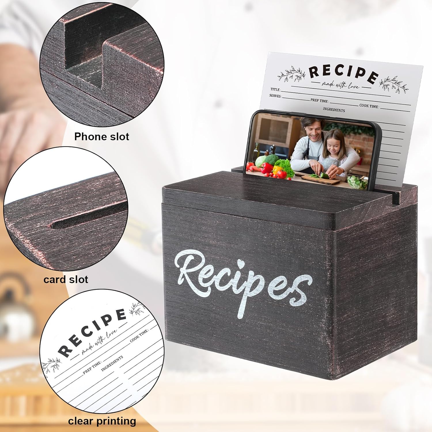 Hoteam Caja de recetas de madera con tarjetas y soporte para tarjetas de recetas de madera rústica con 50 tarjetas de recetas de 5 x 7 pulgadas,