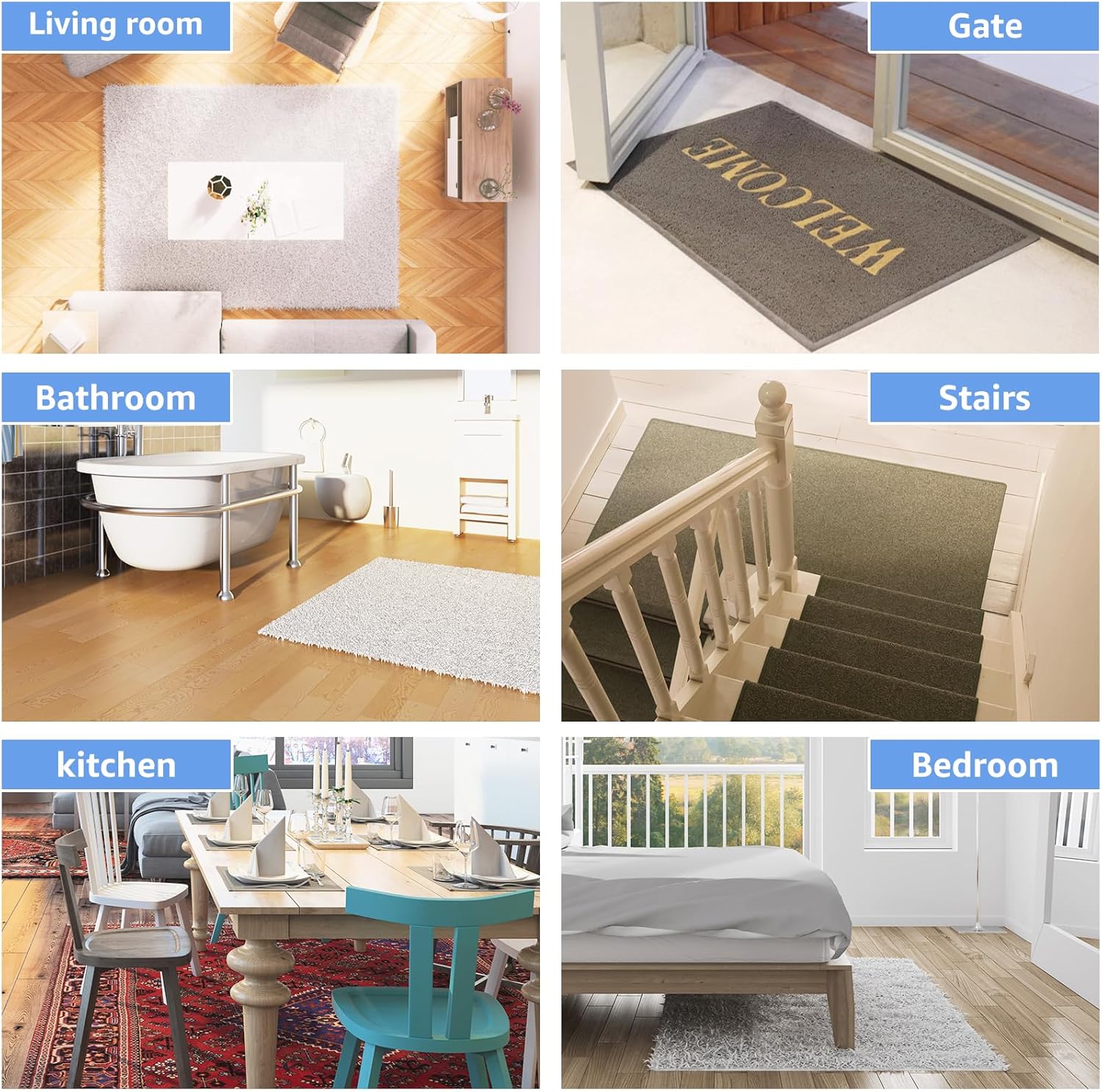 Lakuti 16 pinzas para alfombras, almohadillas antideslizantes de doble cara para suelos de madera dura y azulejos, cinta adhesiva reutilizable y