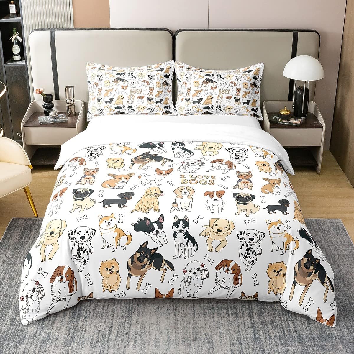 Juego de funda de edredón de perro 100% algodón natural con texto en inglés “I Love Dogs”, juego de ropa de cama con diseño de pug corgi shiba