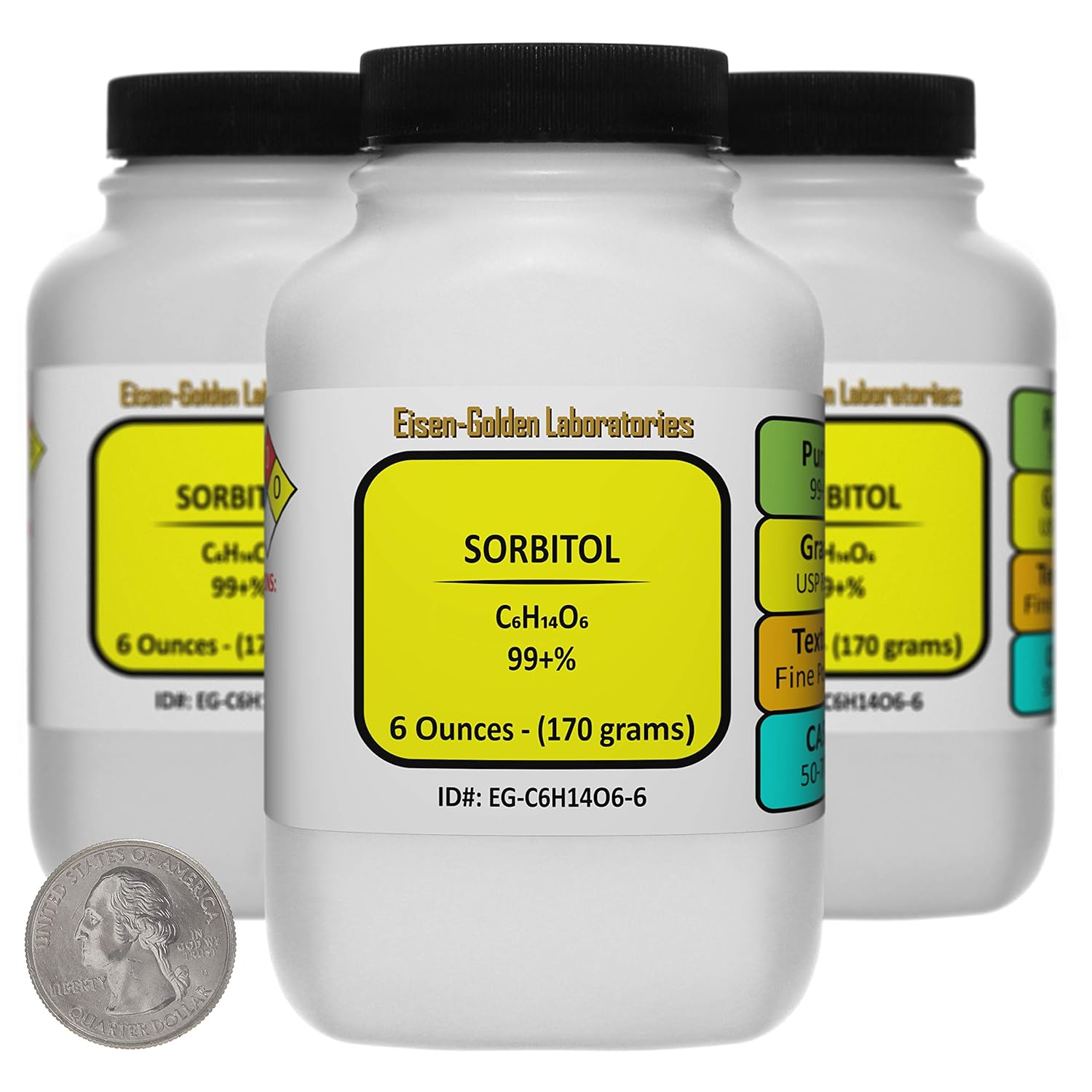 Sorbitol C6H14O6 99+% USP Polvo de grado alimenticio 1.1 Lb en tres botellas