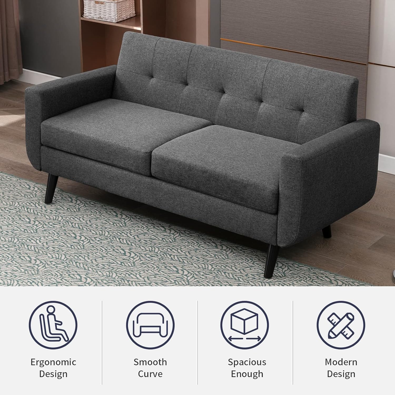 Sofá biplaza de 68 pulgadas con cojín tapizado de 5.9 pulgadas, cómodo sofá de tela con patas de madera y asiento acolchado para sala de estar,