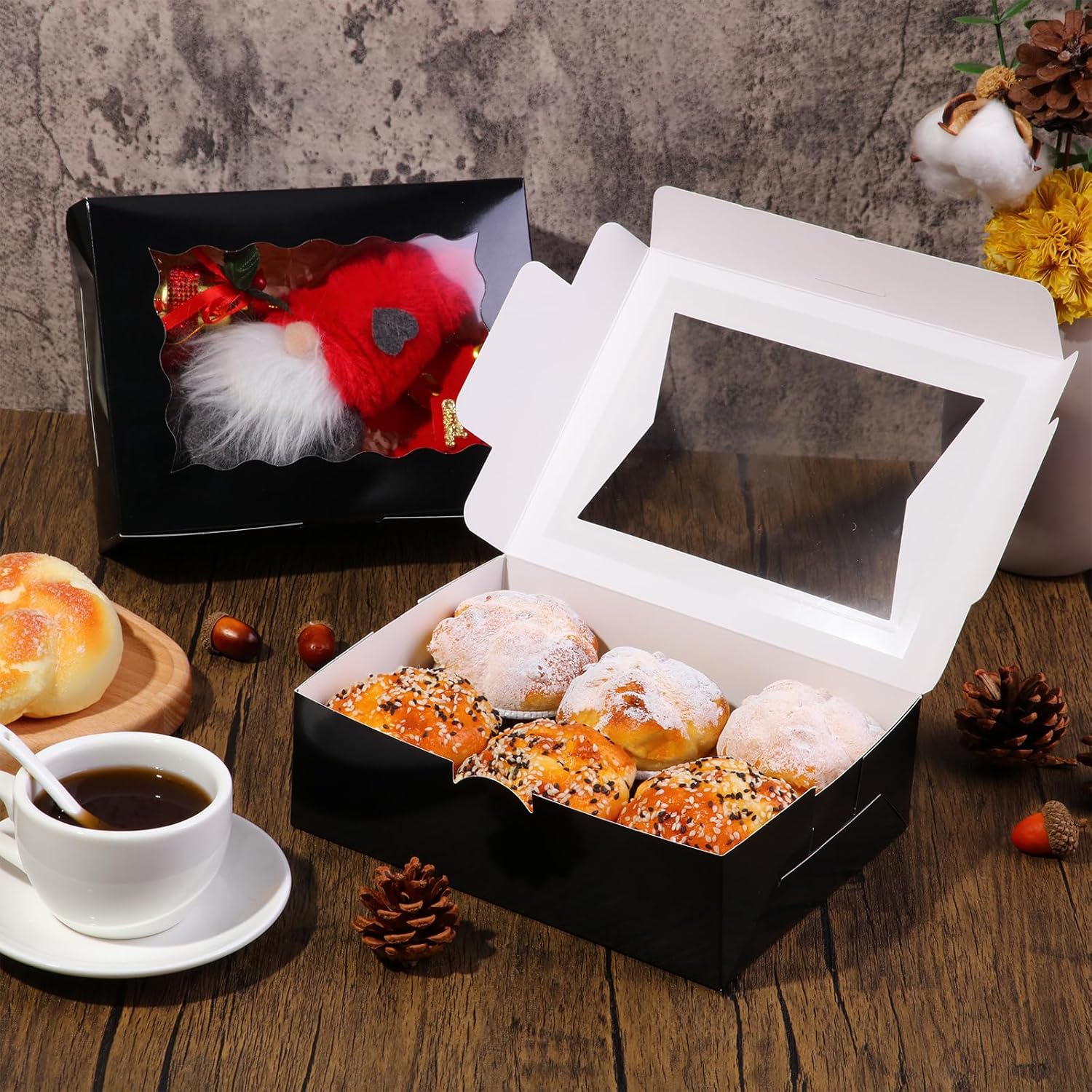 TaoBary 100 cajas de galletas de 8 pulgadas, cajas de panadería de 8 x 6 x 2.5 pulgadas, caja de papel desplegable automática con 2 ventanas de