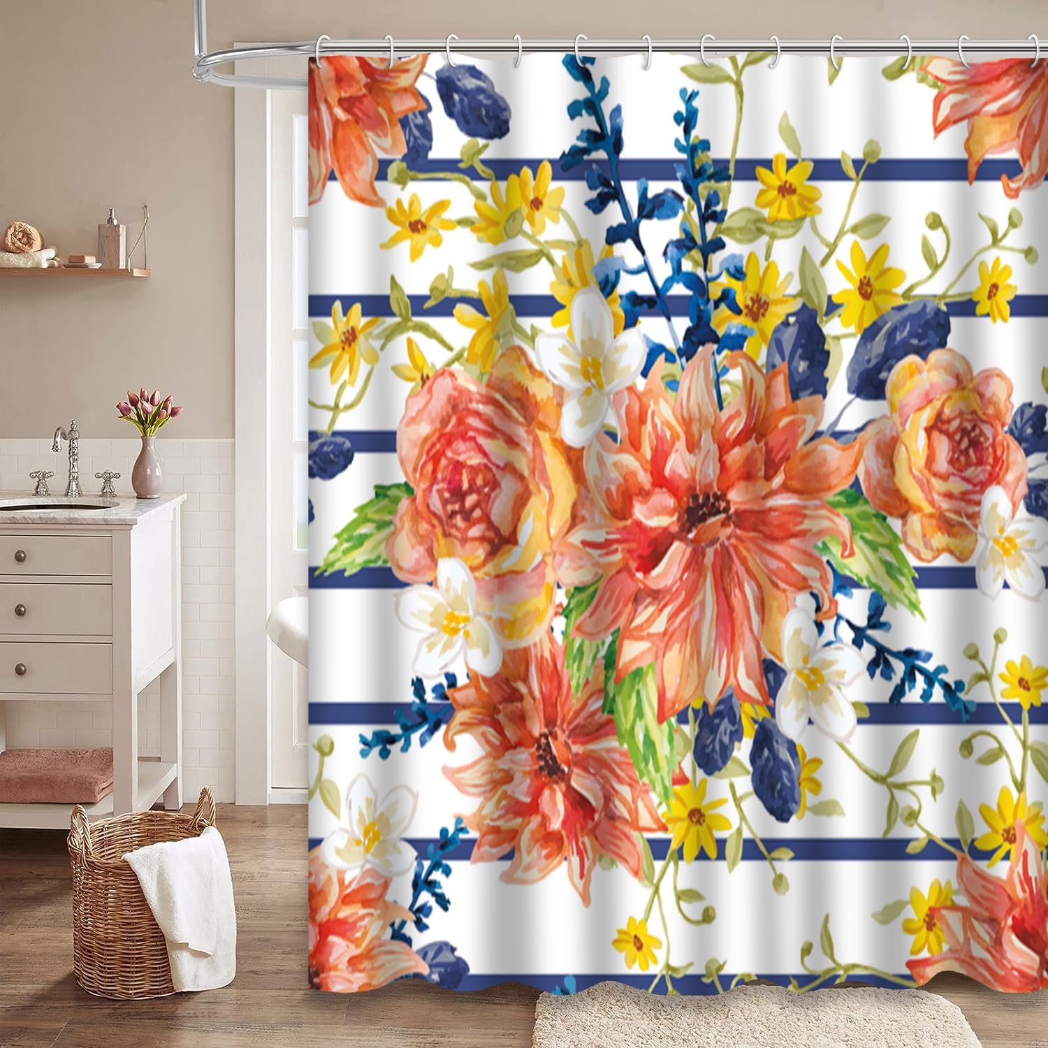 GALMAXS7 Blue Green Shower Curtain,Red Orange and Yellow Flowers Blue Leaves Floral Striped White Shower Curtains for Bathroom with 12 Hooks,72 x 72
