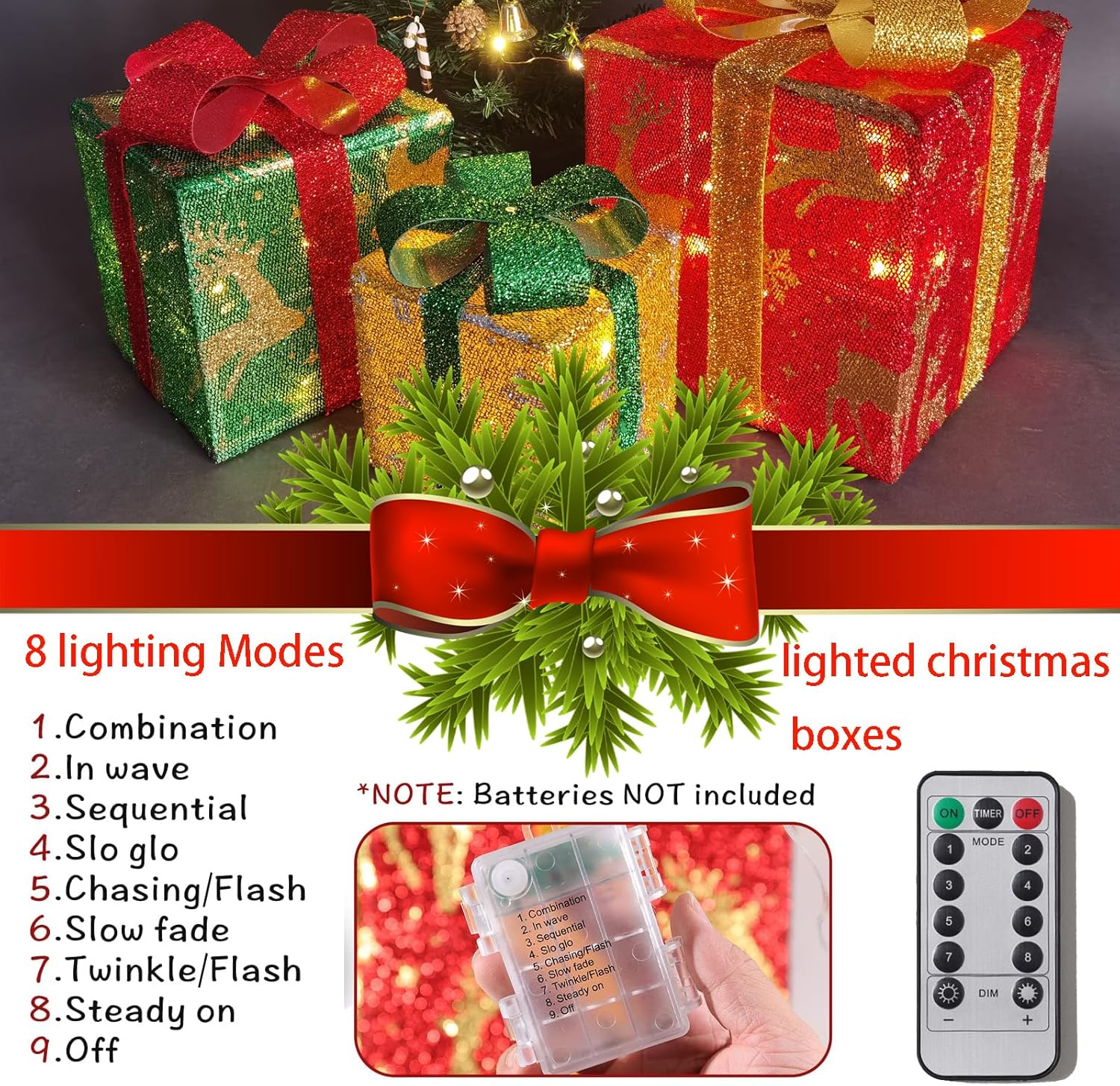 Cajas de Navidad iluminadas, juego de 3 cajas de regalo iluminadas de Navidad, 60 cajas de regalo LED, decoraciones para interiores y exteriores con