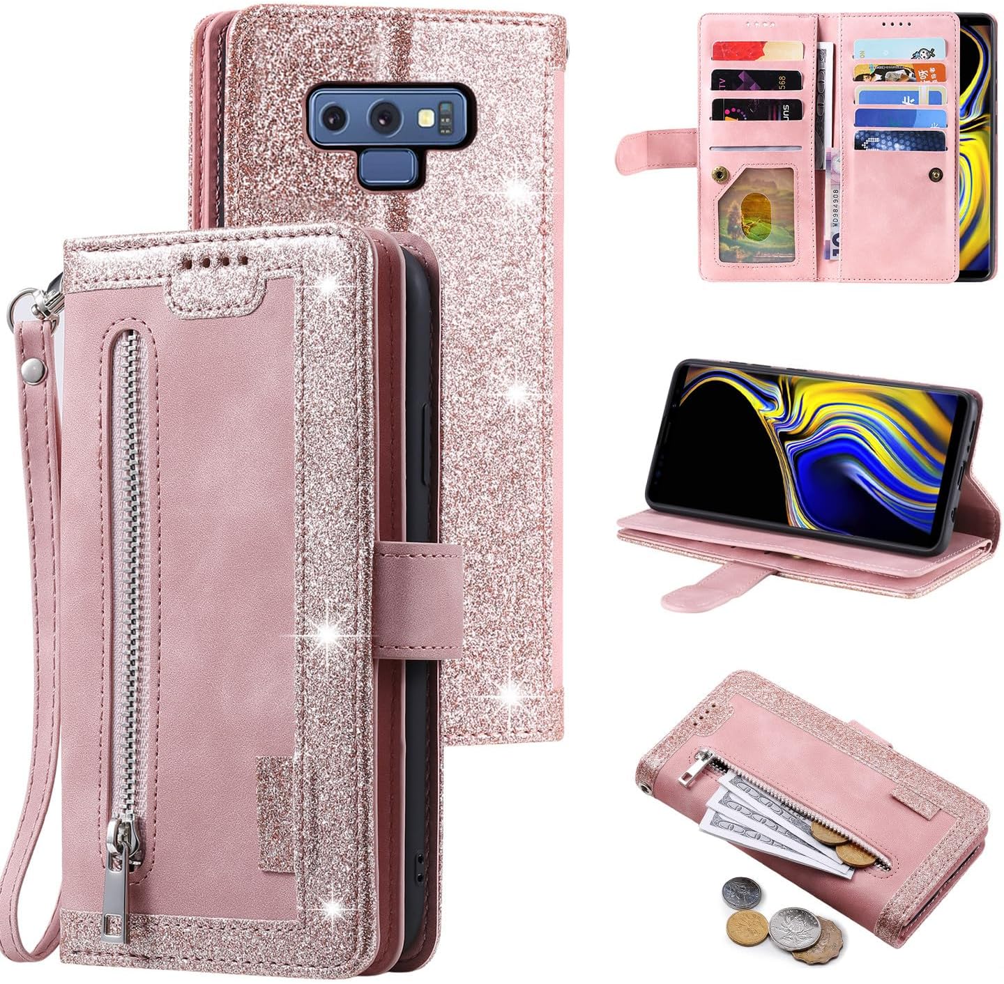 Furiet Compatible con Samsung Galaxy Note 9 – Funda tipo cartera para correa de muñeca con correa de muñeca, soporte para tarjetas de piel