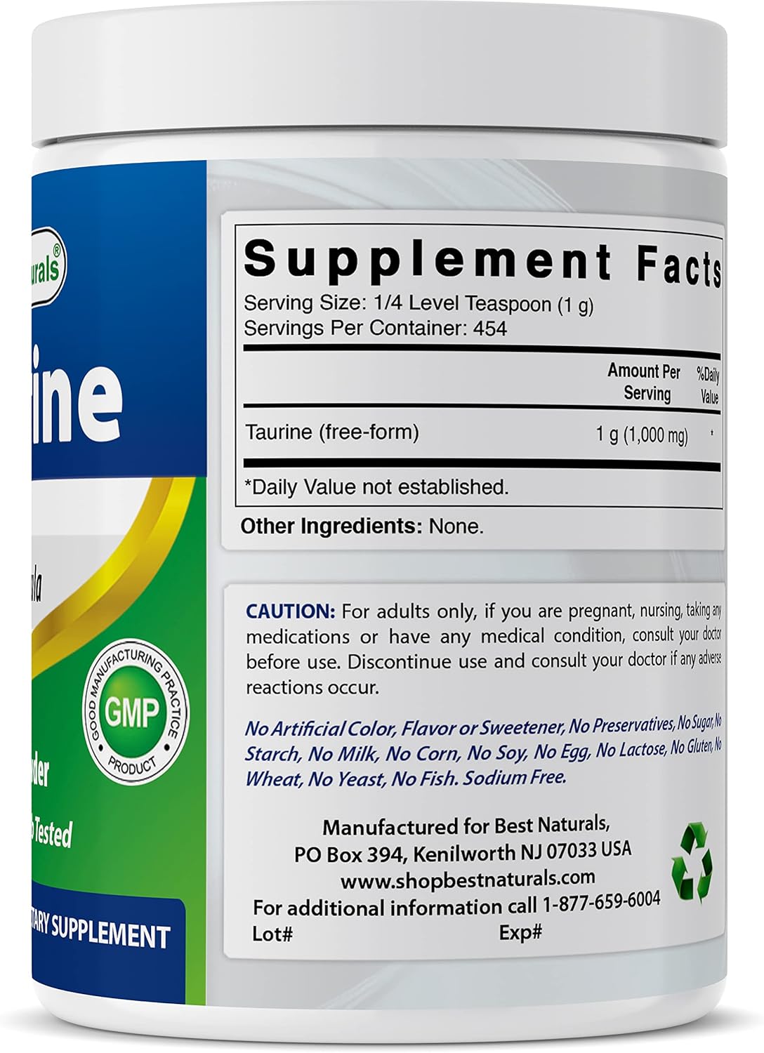 Best Naturals Forma libre de polvo de taurina 100% pura, taurina, 1000 mg por porción, 1 libra (454 gm) (1 libra (paquete de 3))
