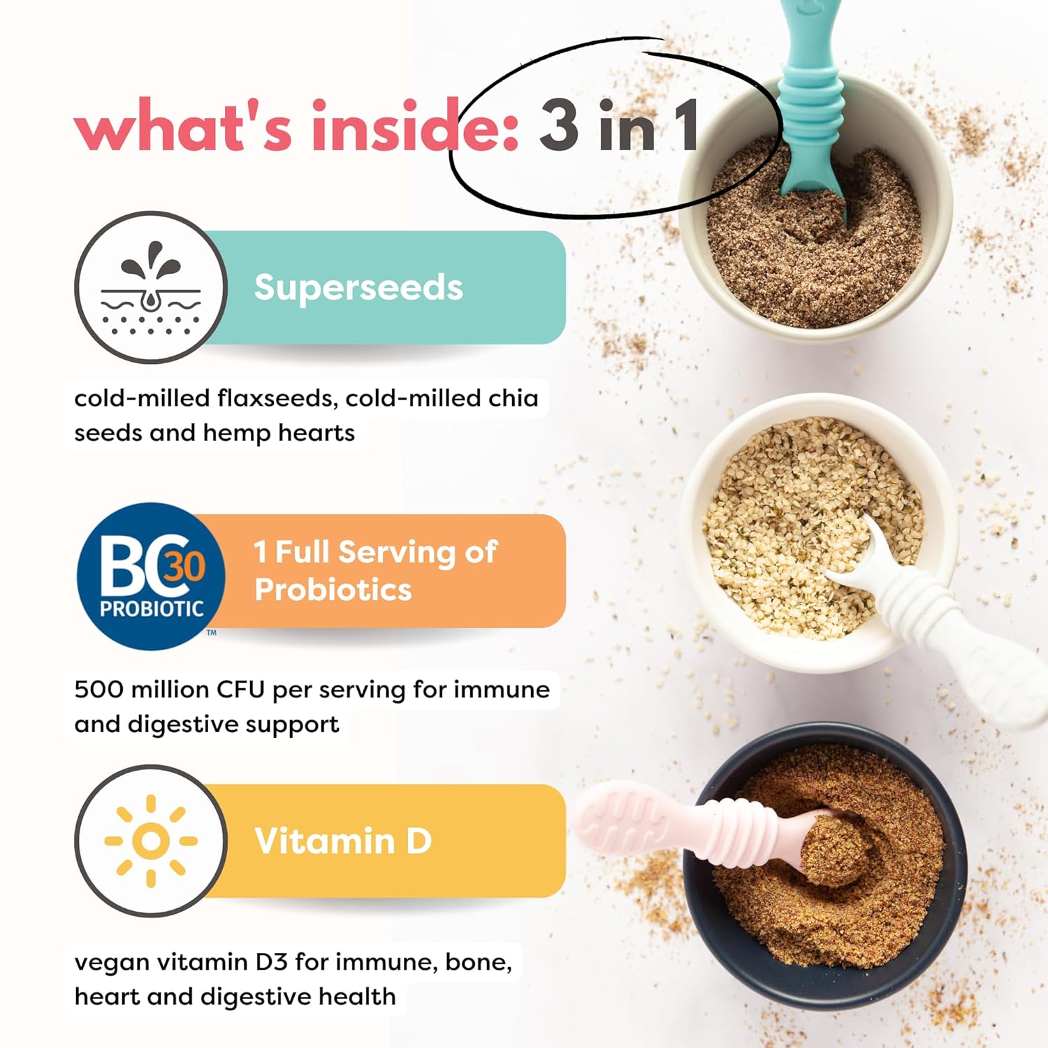Superseed – Paquete variado con vitamina D + PROBIÓTICOS, proteína de fibra prebiótica Omega-3, semillas para bebés de 6 meses y niños pequeños para