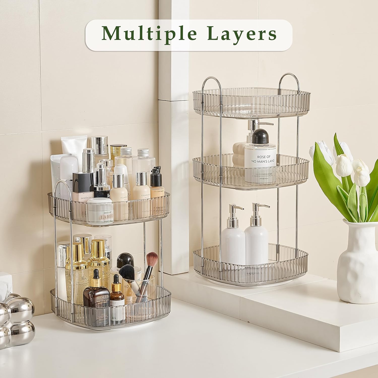 CICUFY Organizador de maquillaje giratorio cuadrado Organizador de contador de baño para cosméticos de cuidado de la piel de perfume – gris 3 niveles