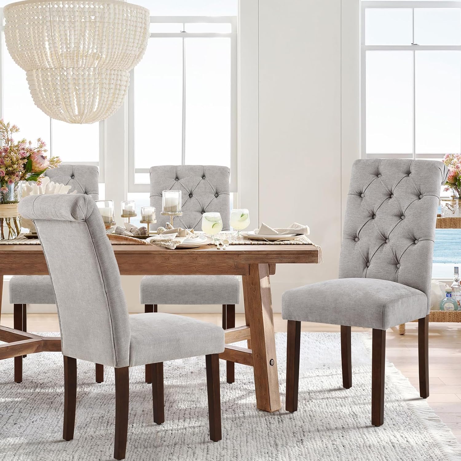 COLAMY Juego de 2 sillas de comedor copetudas, sillas de comedor Parsons tapizadas de tela, sillas auxiliares elegantes con patas de madera maciza y