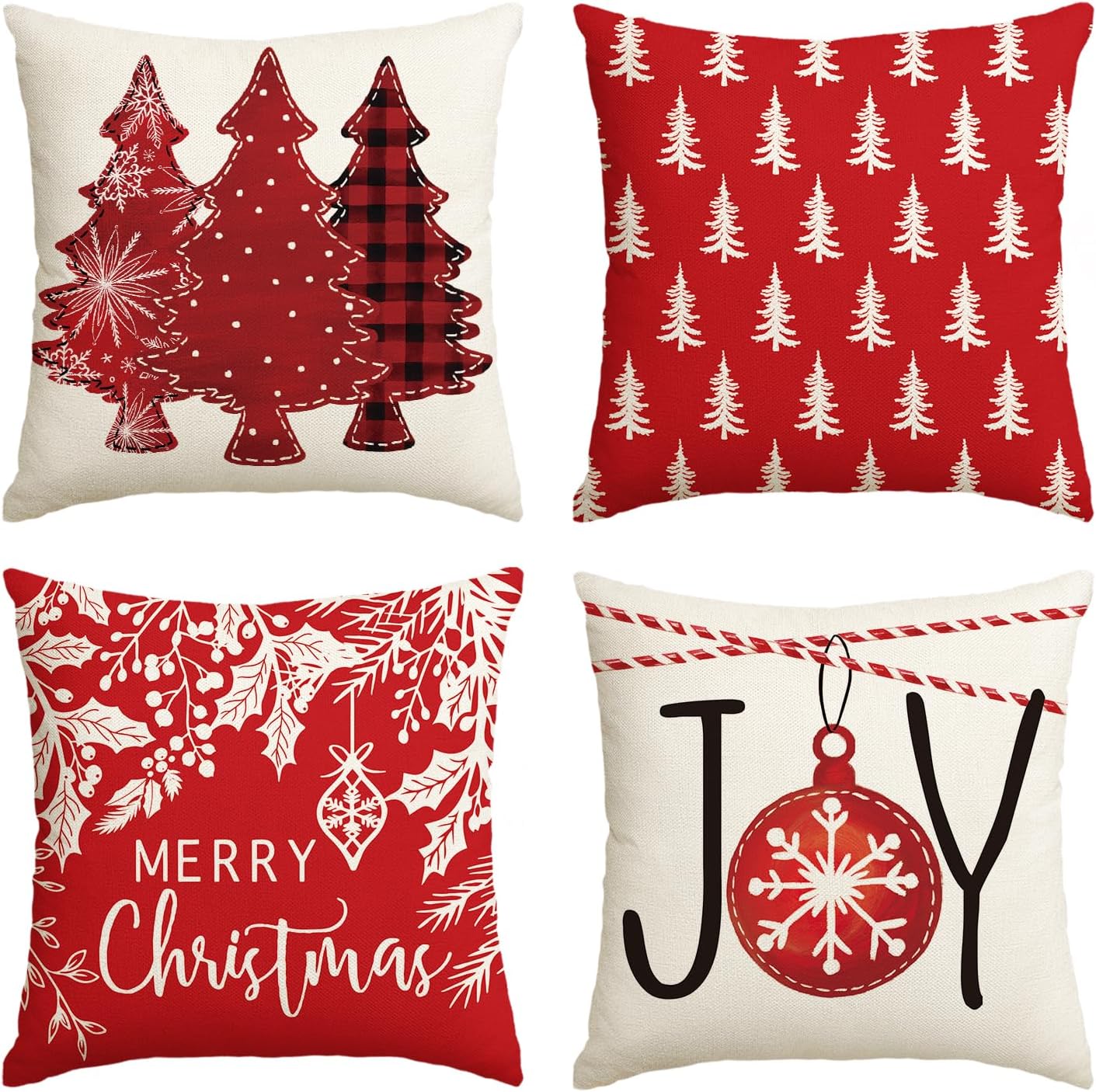 AVOIN colorlife Juego de 4 fundas de almohada rojas con árboles de Navidad, 18 x 18 pulgadas, decoración de Navidad y vacaciones de invierno para