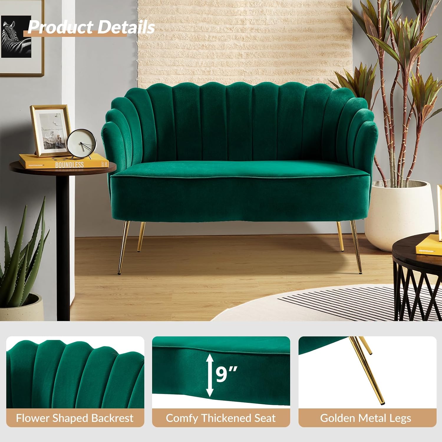 HULALA HOME Sofá biplaza de terciopelo con respaldo en forma de flor, moderno sofá de 2 plazas para sala de estar y dormitorio, cómodo sofá biplaza
