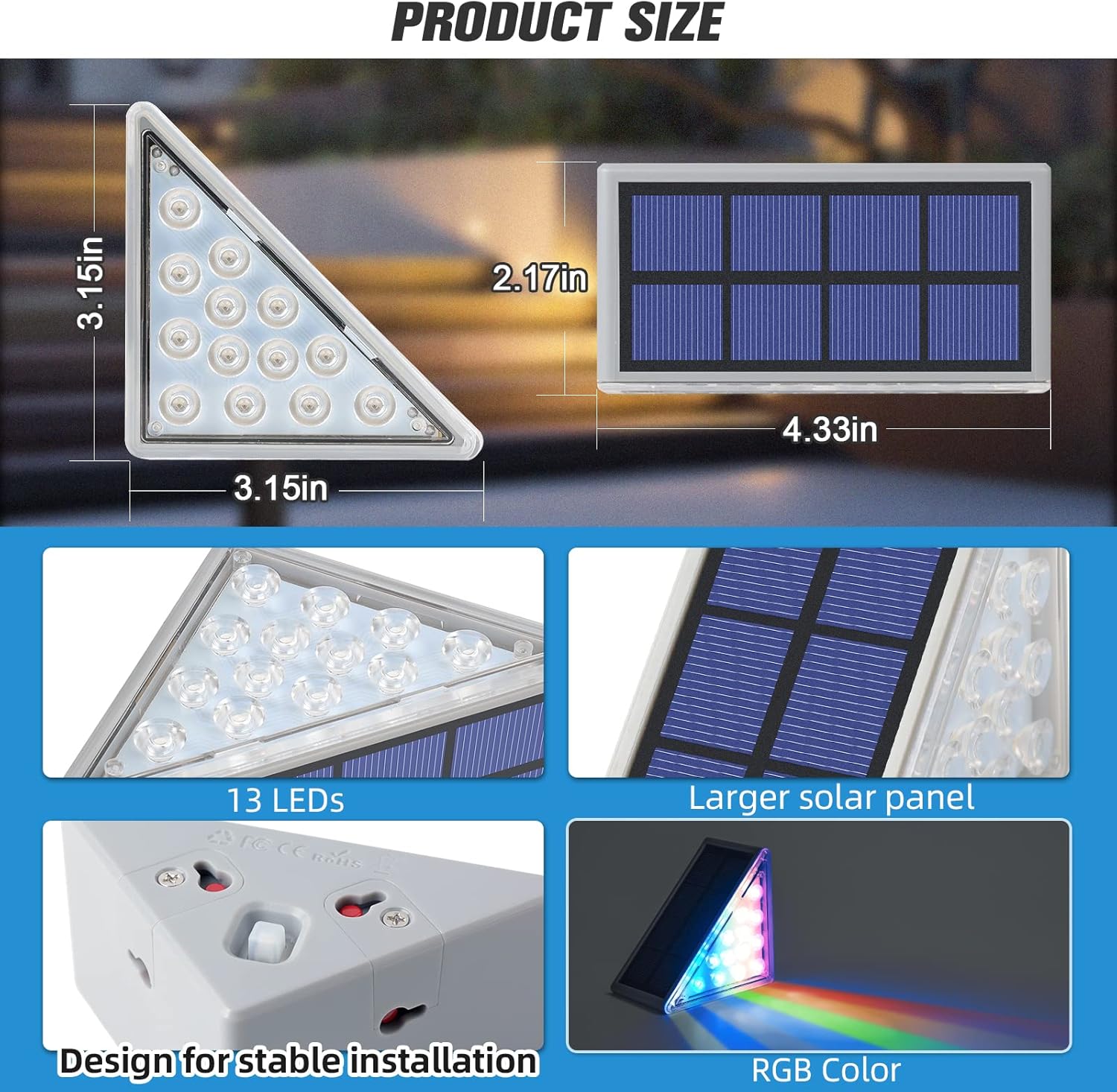NIORSUN Luces solares para exteriores, paquete de 4 luces solares RGB que cambian de color sólido para escaleras, impermeables, IP67, encendido y