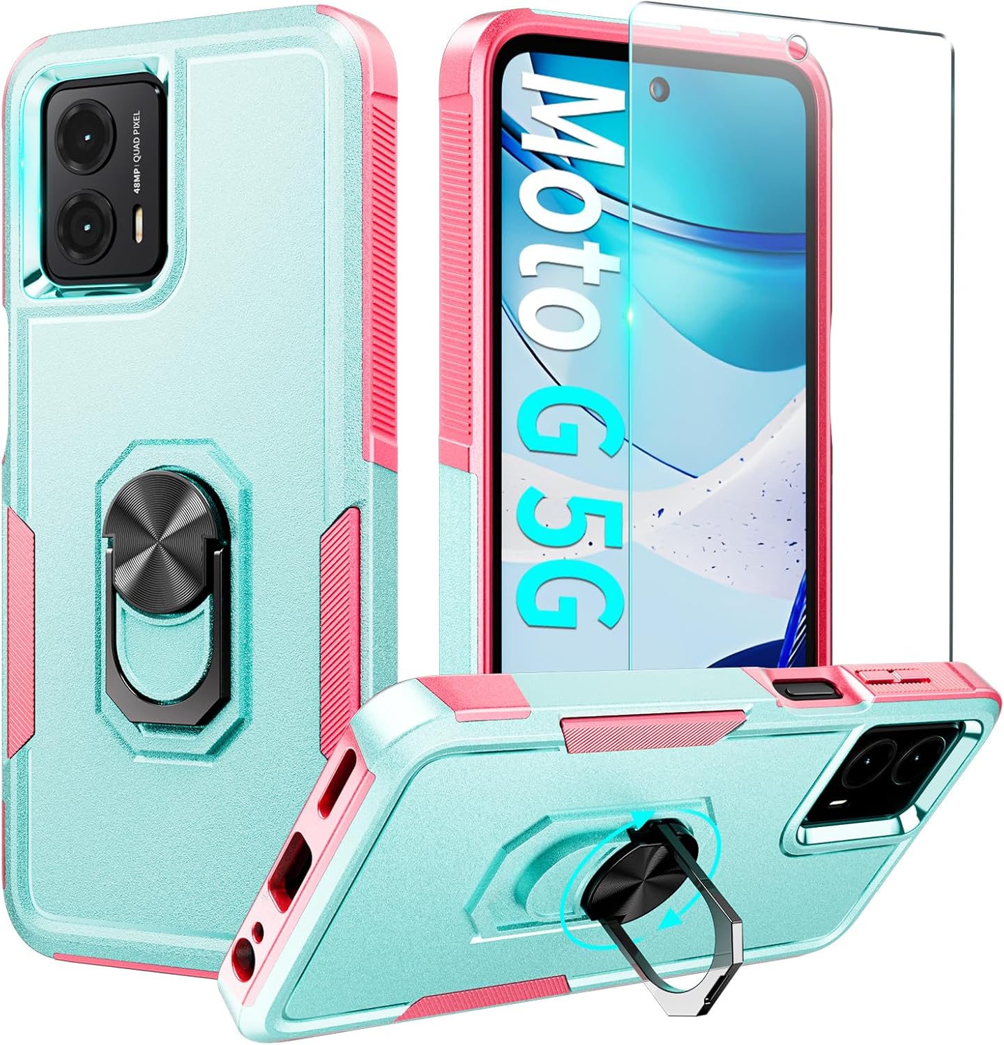 LUTTY Funda diseñada para Motorola Moto G 5G 2023, Moto G Power 5G 2023, con soporte de anillo giratorio de 360 y protector de pantalla, parte