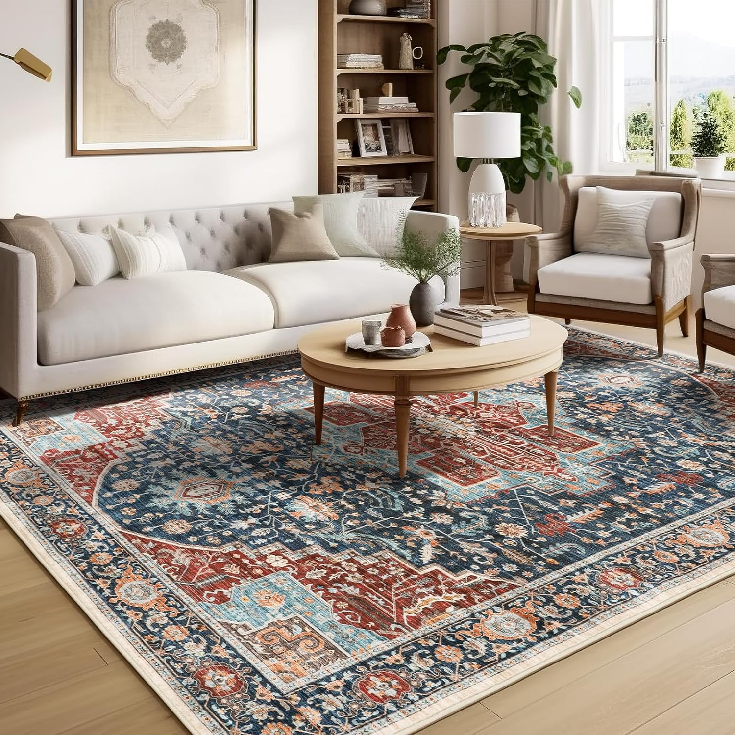 xilixili Alfombra lavable de 8 x 10 pies para sala de estar, resistente a las manchas, con parte trasera antideslizante, ultrafina con medallón