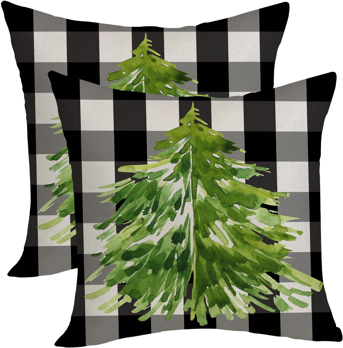 Juego de 2 fundas de almohada de Navidad de 18 x 18 pulgadas, color negro, blanco, gris, a cuadros, verde, decoración de Navidad, funda de cojín de