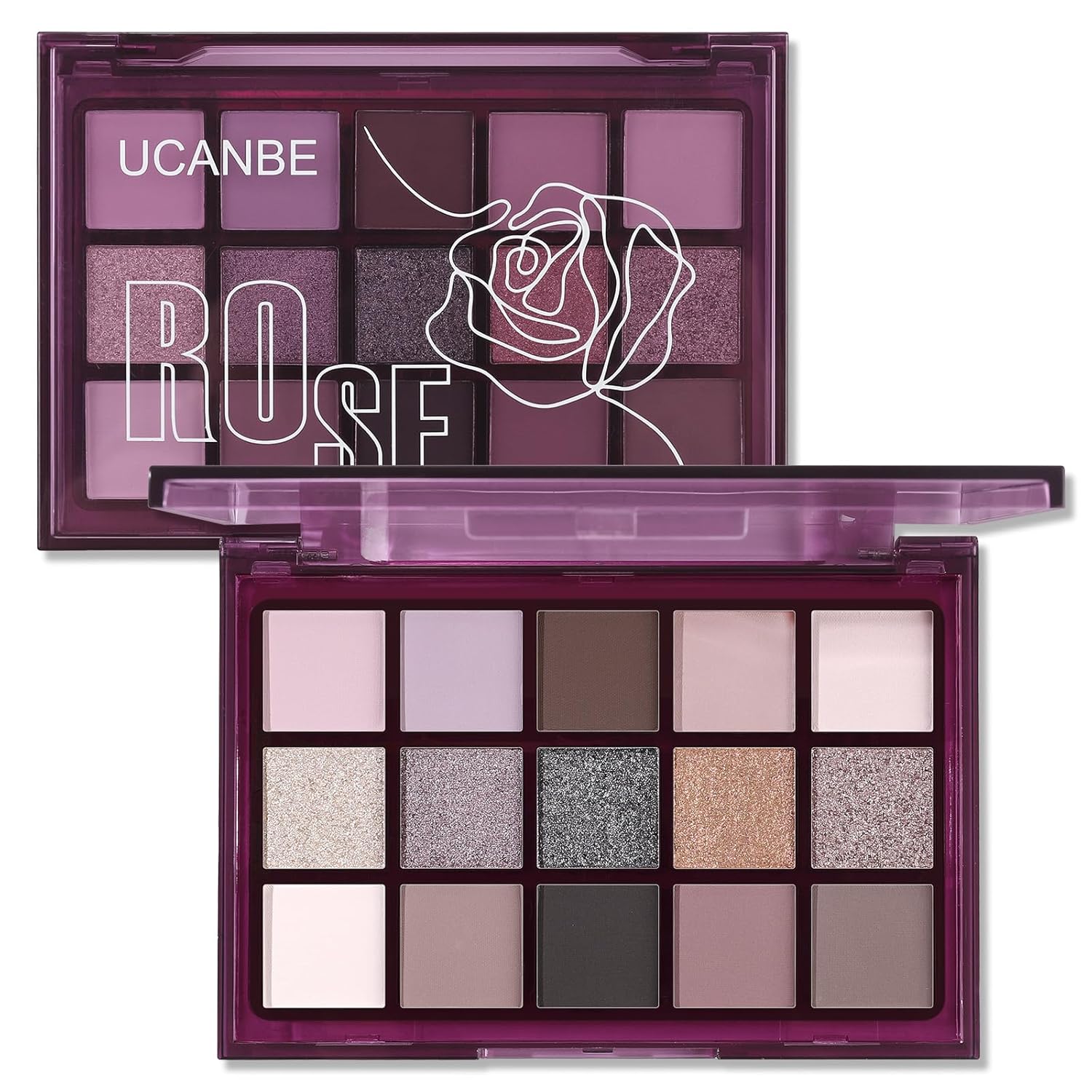 UCANBE Smokey Rose Paleta de sombra de ojos, 15 colores neutros brillantes mate, paleta de maquillaje metálico, color marrón topo ahumado nude